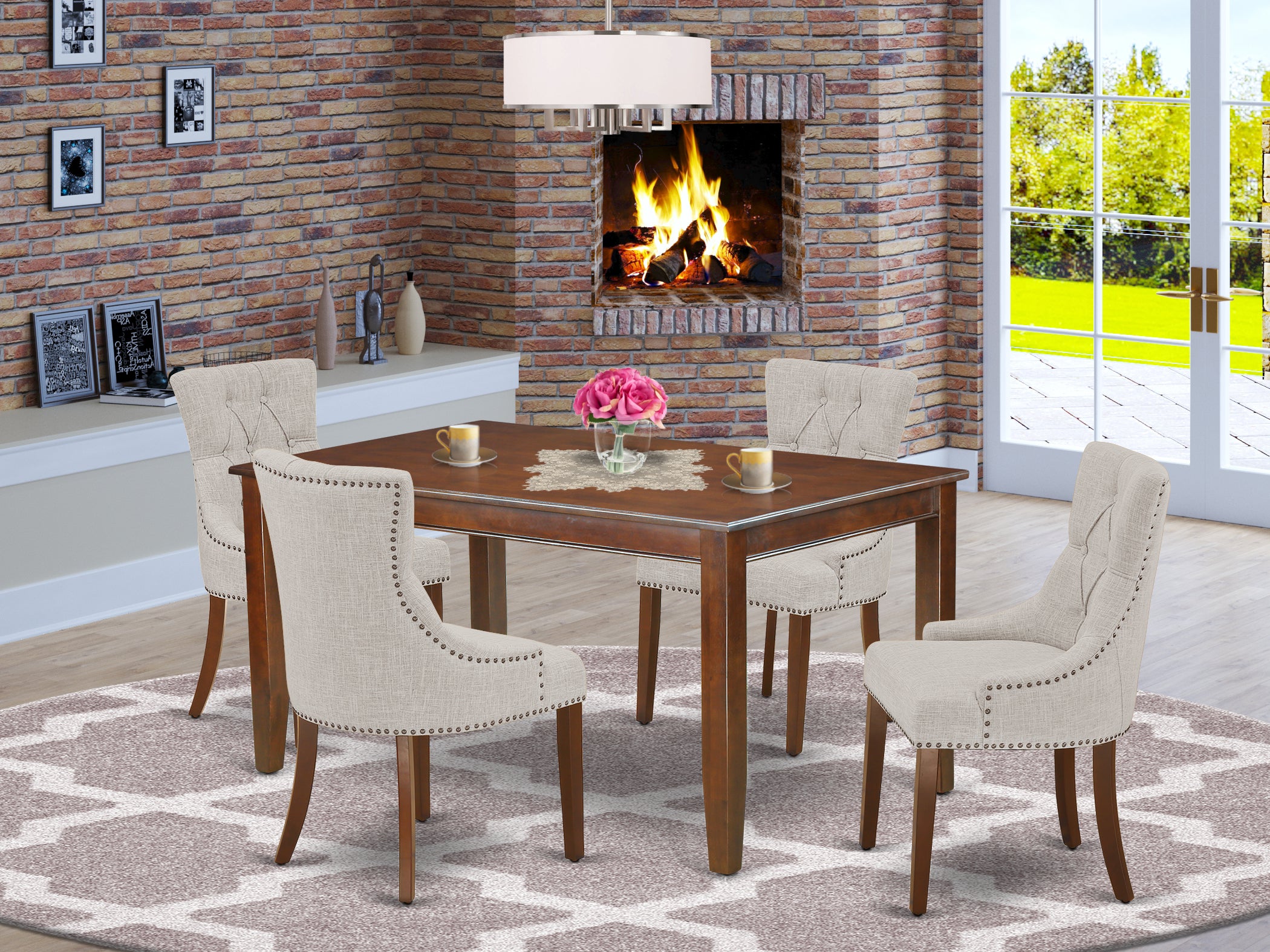 DUFR5-MAH-05 5Pc Dining Set Includes a Rectangle Dining Table and Four Four Parson Chairs with Doeskin Fabric, Mahogany Finish