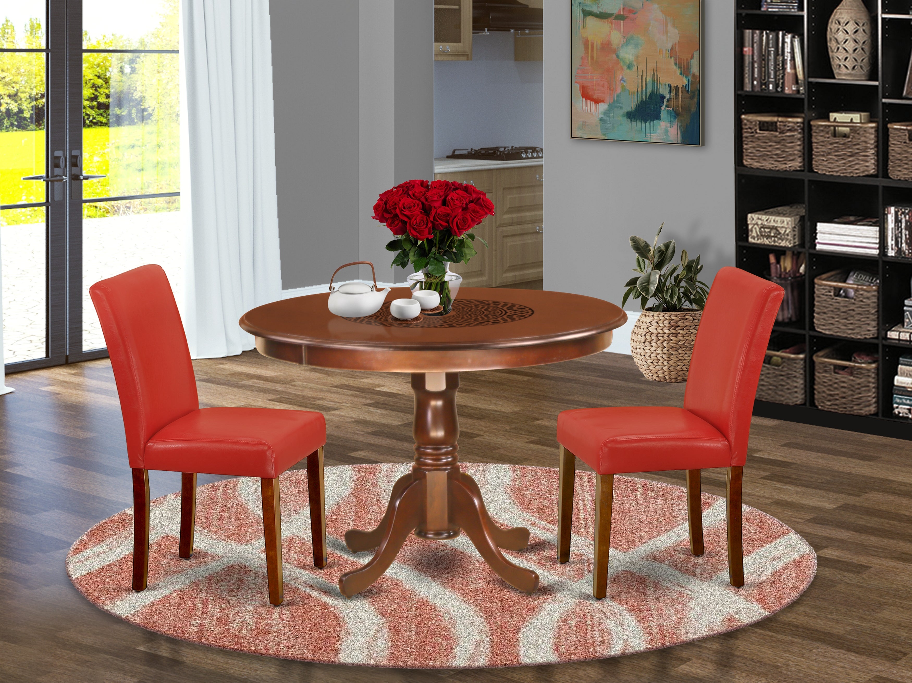 HLAB3-MAH-72 3Pc Round 42 Inch Kitchen Table And 2 Parson Chair With Mahogany Leg And Pu Leather Color Firebrick Red