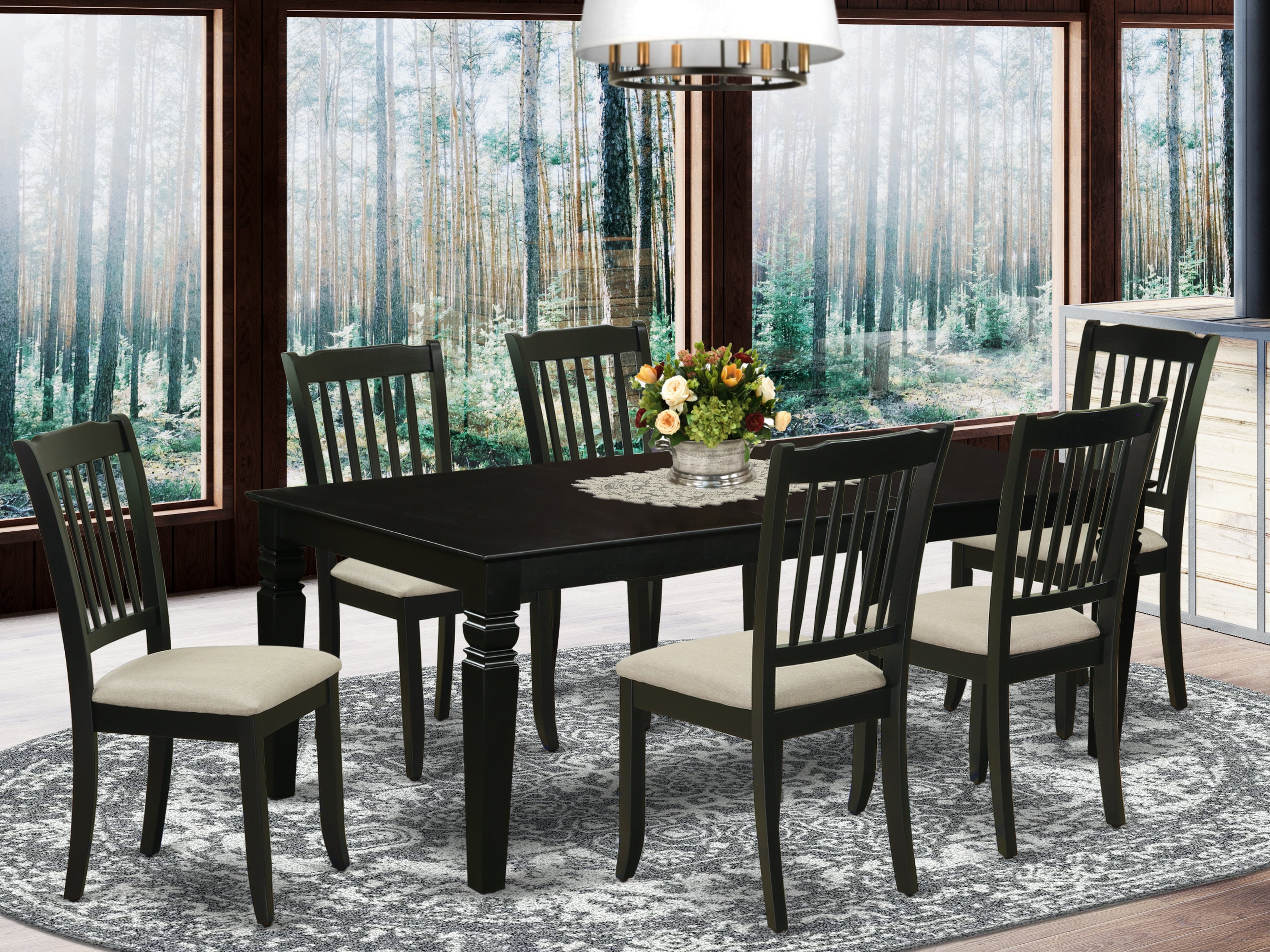 LGDA7-BLK-C 7Pc Dinette Set Includes a Rectangular Kitchen Table with Butterfly Leaf and Six Vertical Slatted Microfiber Seat Dining Chairs, Black Finish