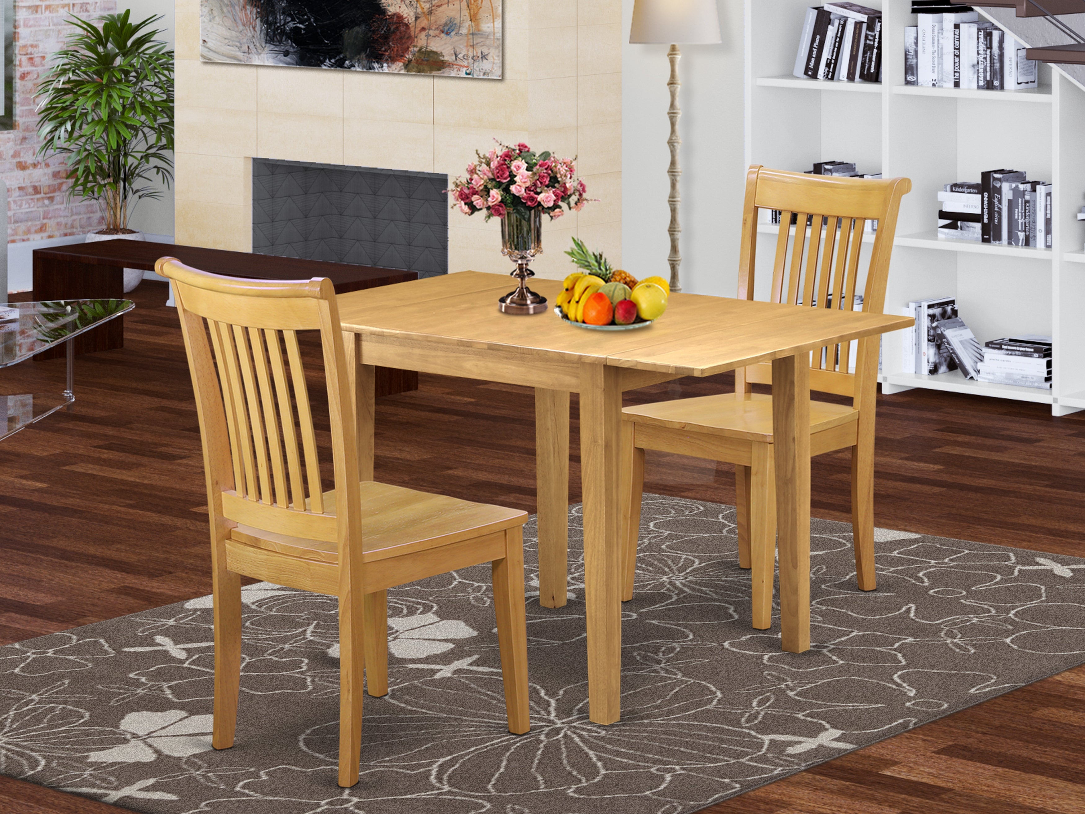 East West Furniture NDPO3-OAK-W, 3Pc Wood Dining Table Set Consists of a Kitchen Table and 2 Dinette Chairs with Solid Wood Seat and Slat Back, Oak Finish