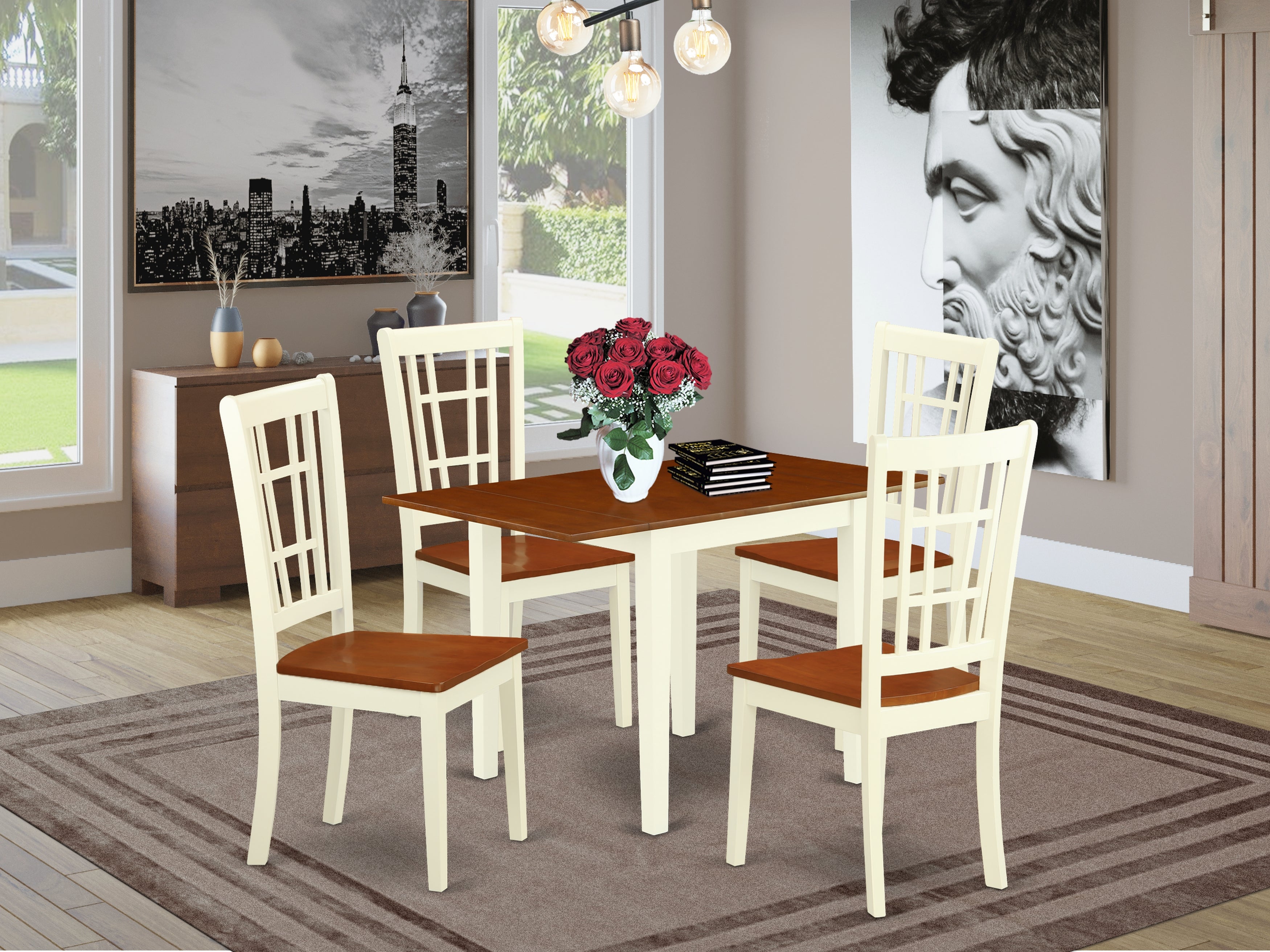 East West Furniture NDNI5-WHI-W 5Pc Dinette Set Offers a Rectangle Table and 4 Modern Dining Chairs with Hard Wood Seat and Panel Back, Buttermilk and Cherry Finish