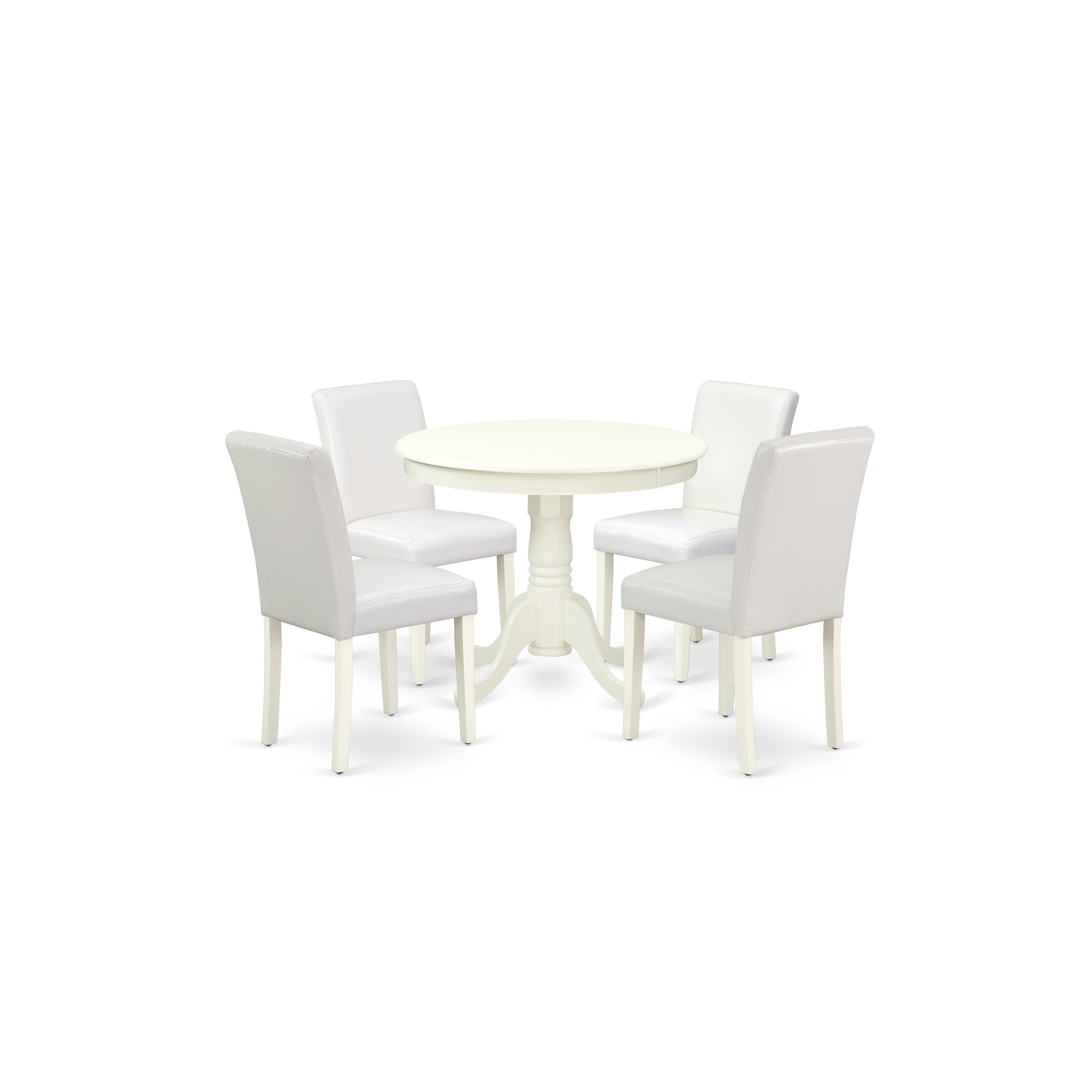 ANAB5-LWH-64 5Pc Round 36" Table And 4 Parson Chair With Linen White Leg And Pu Leather Color White