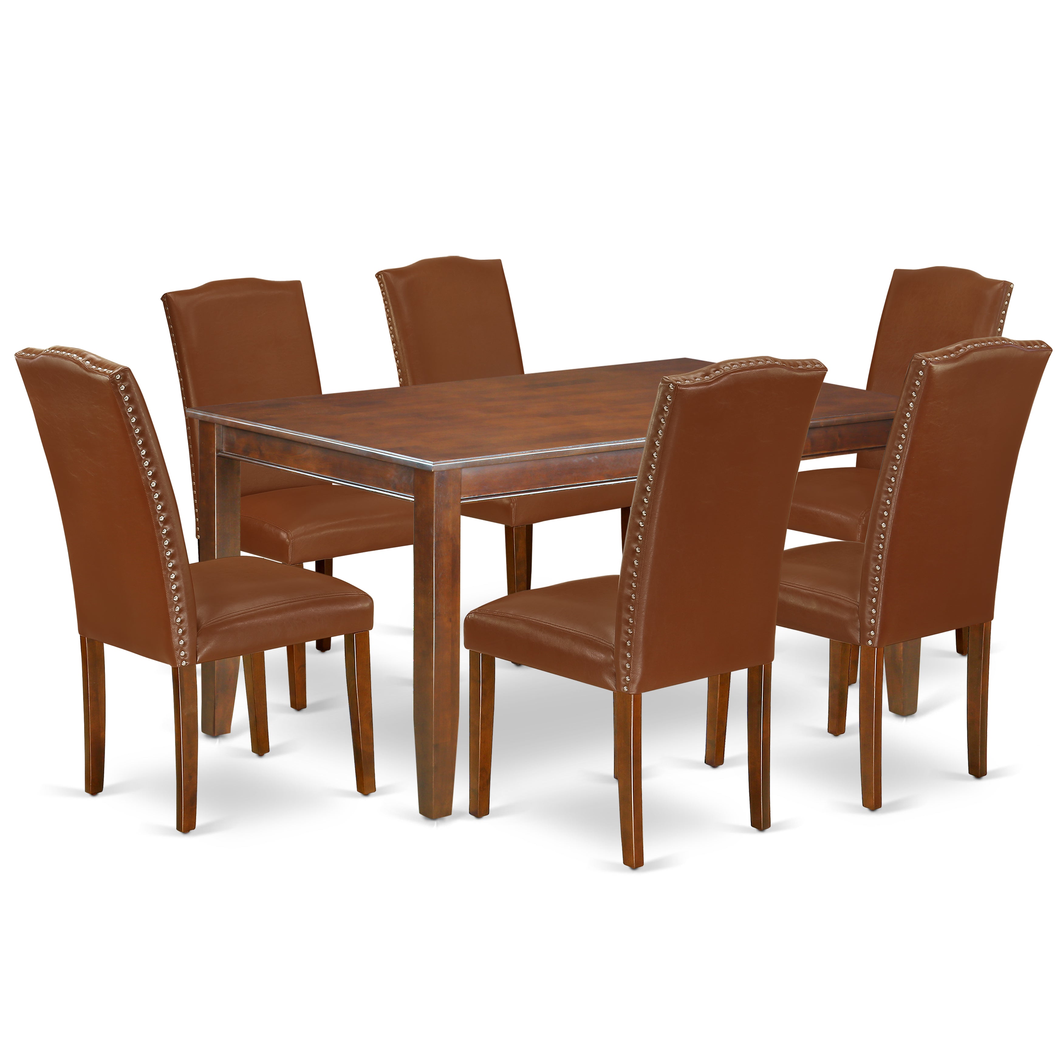 DUEN7-MAH-66 7Pc Rectangular 60 Inch Dining Table And Six Parson Chair With Mahogany Leg And Brown Flaux Leather