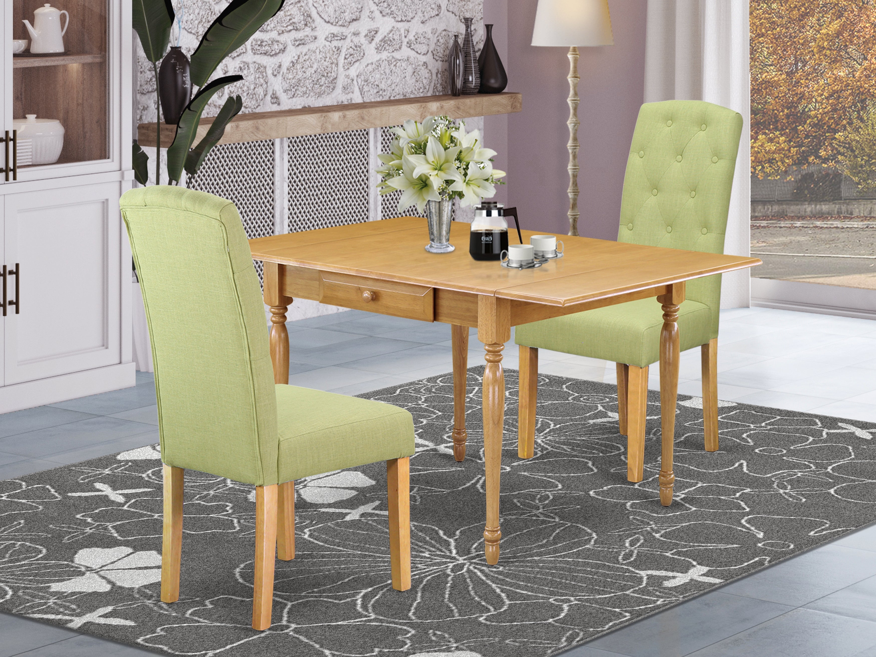East West Furniture MZCE3-OAK-07 3Pc Dining Table Set for 2 Contains a Small Dining Table and 2 Parsons Chairs with Lime Green Color Linen Fabric, Drop Leaf Table with Full Back Chairs, Oak Finish