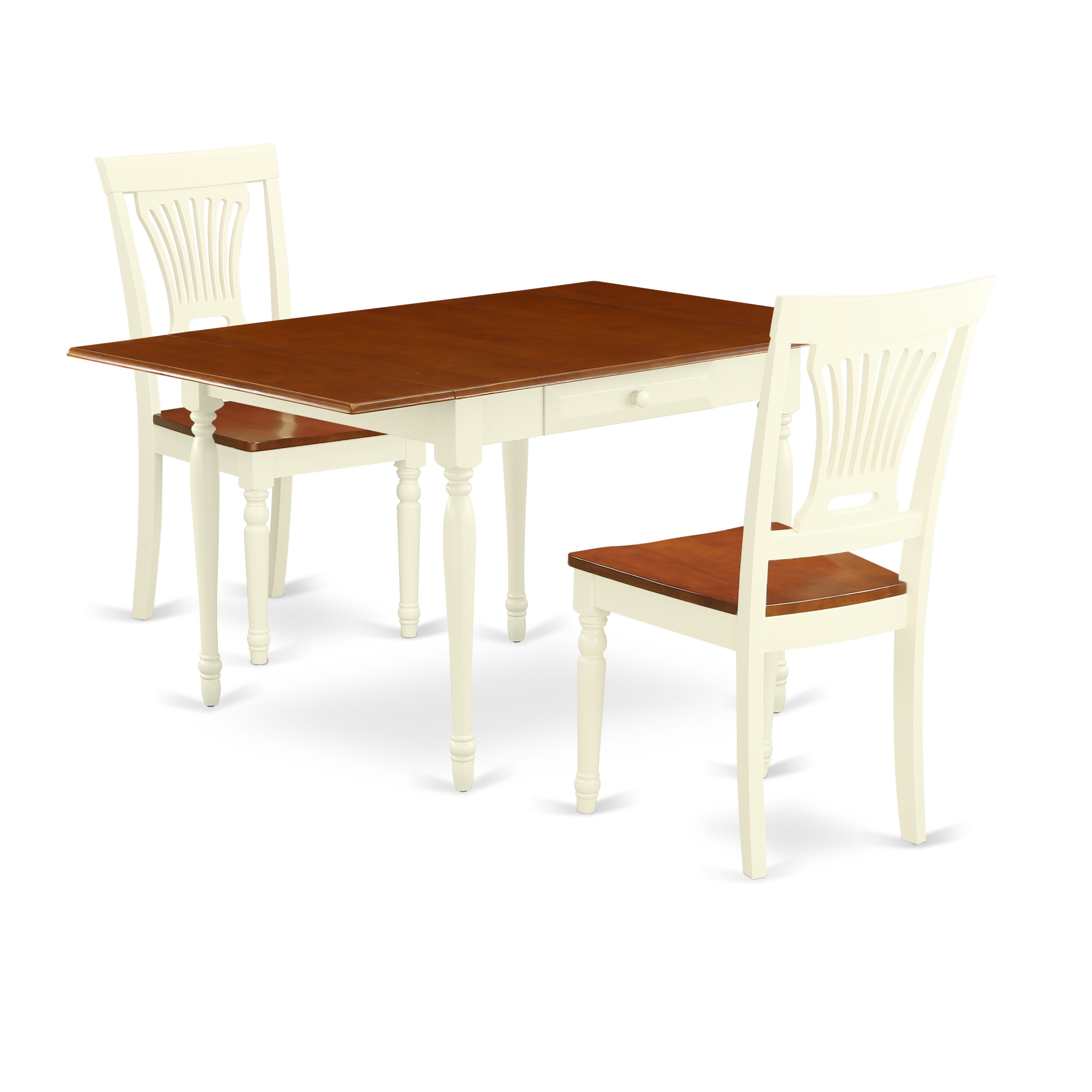 East West Furniture MZPL3-WHI-W 3 Pieces Kitchen Table set - Strong Drop Leaf Wooden Wood Kitchen Table and 2 Real Wood Seat Dining Chairs, Buttermilk and Cherry Finish