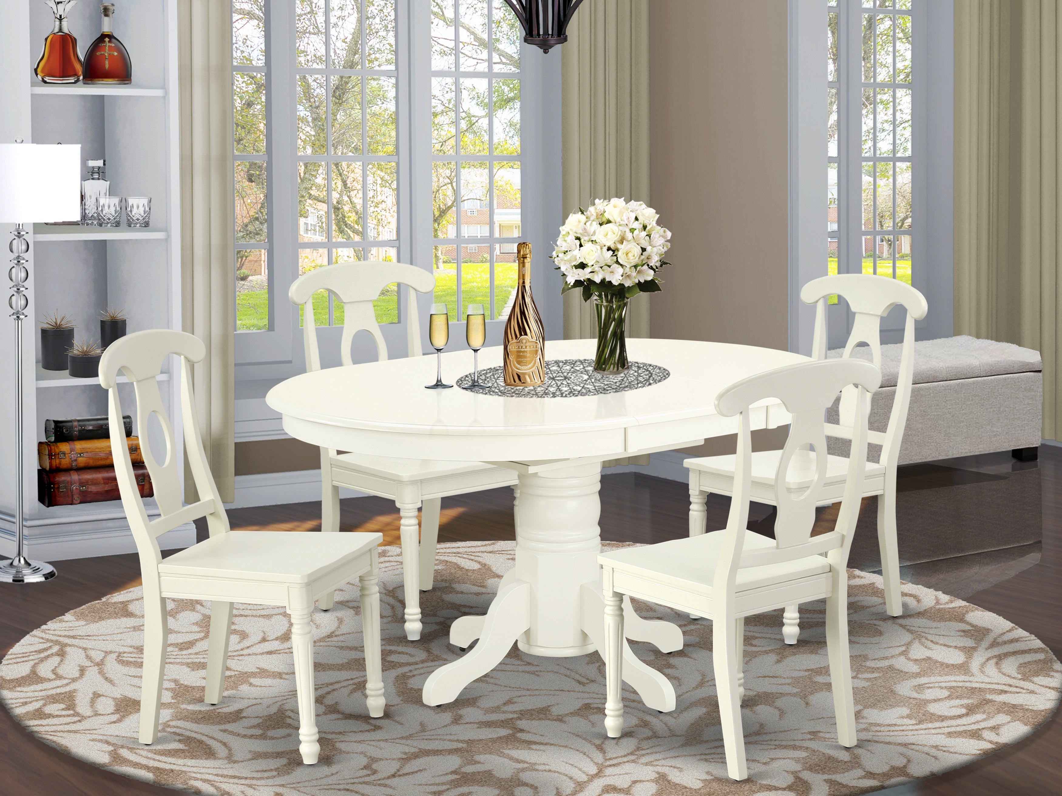 AVKE5-LWH-W 5PC Oval 42/60 inch Table with 18 In Leaf and 4 Panel Back Chairs