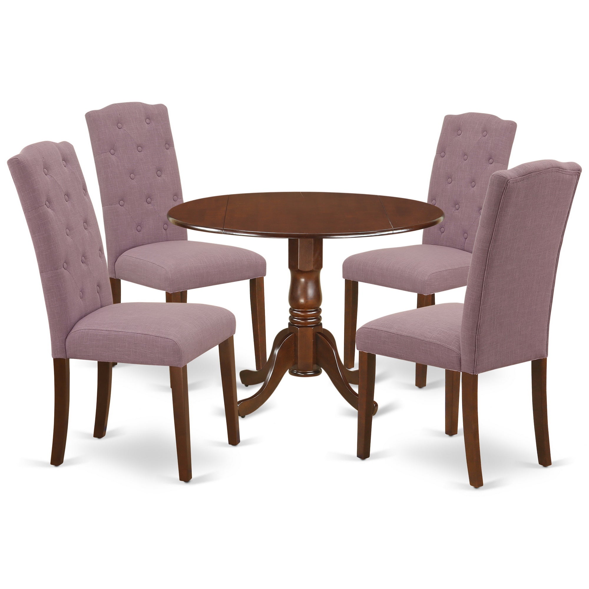 DLCE5-MAH-10 5Pc Dining Set Includes a Small Round Dinette Table with Drop Leaves and Four Parson Chairs with Dahlia Fabric, Mahogany Finish