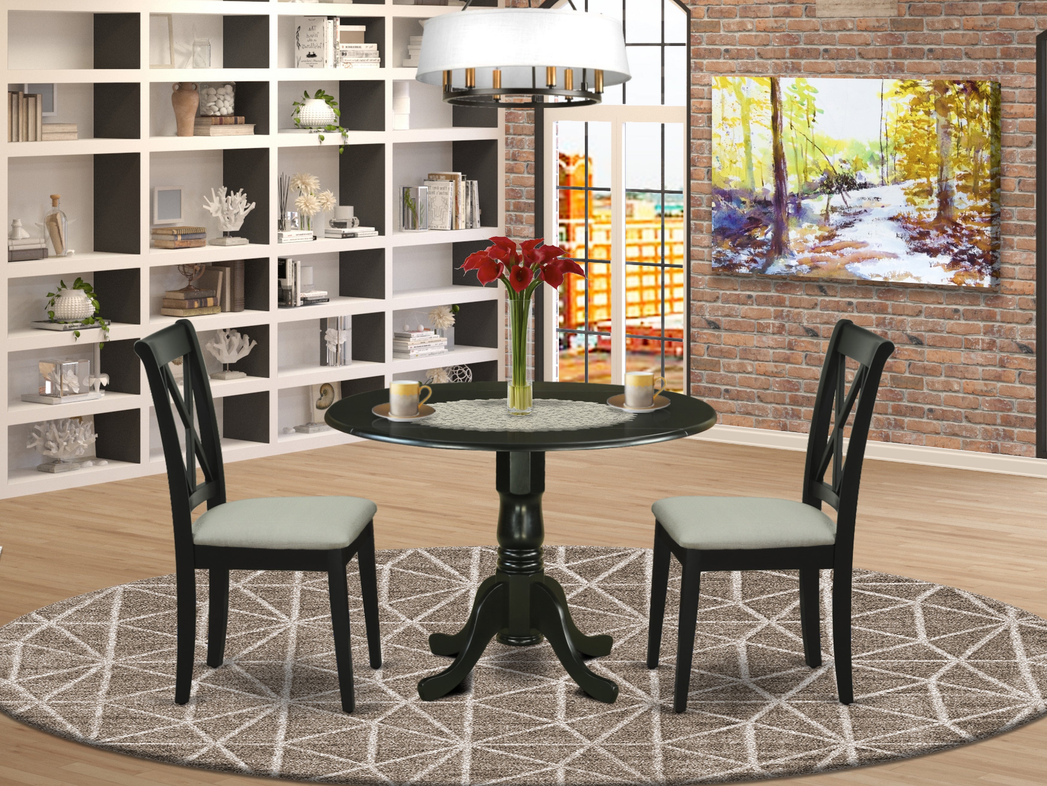 DLCL3-BLK-C 3Pc Dinette Set Includes a Rounded Kitchen Table with Drop Leaves and Two Double X Back Microfiber Seat Dining Chairs, Black Finish