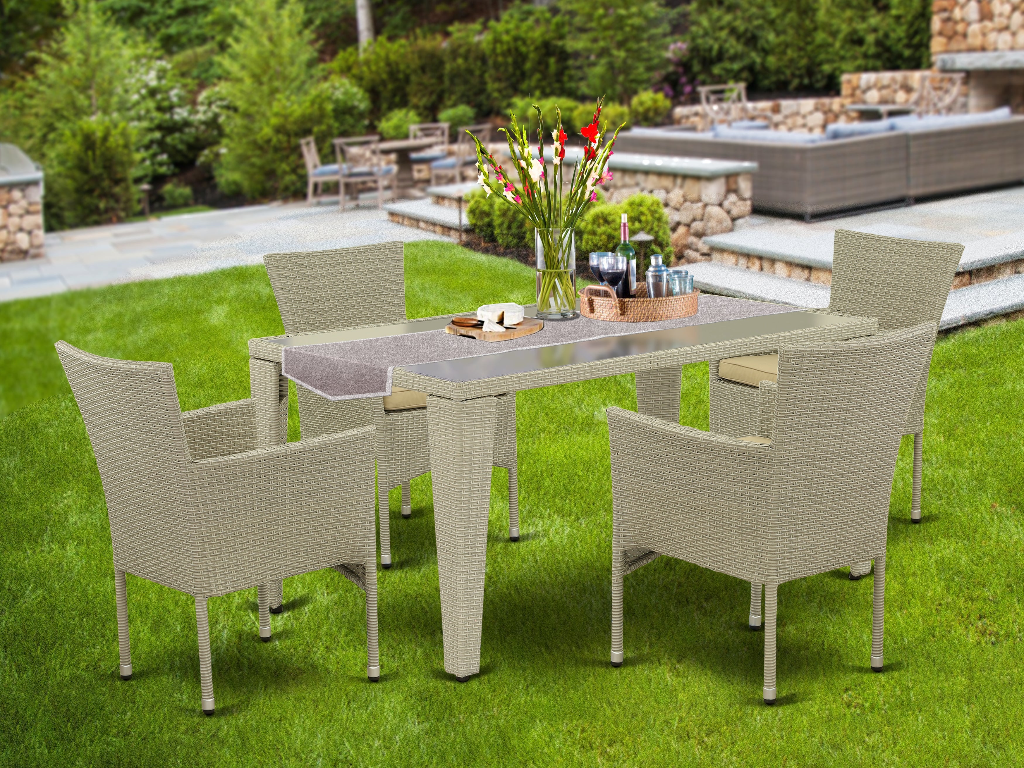 GUBK5-03A 5Pc Outdoor-Furniture Natural Color Wicker Dining Set Includes a Patio Table and 4 Balcony Backyard Armchair with Linen Fabric Cushion