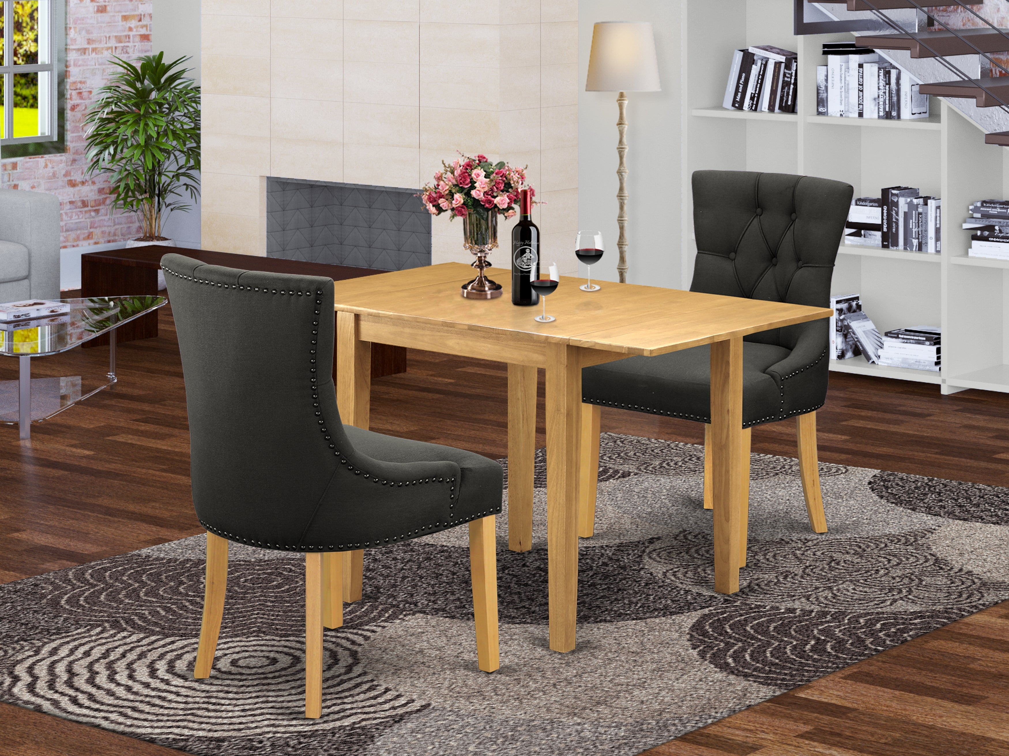 East West Furniture NDFR3-OAK-20 Dining Set 3 Pcs - Two Parson Chairs and Dining Room Table - Oak Finish Wood - Dark Gotham Grey Color Linen Fabric