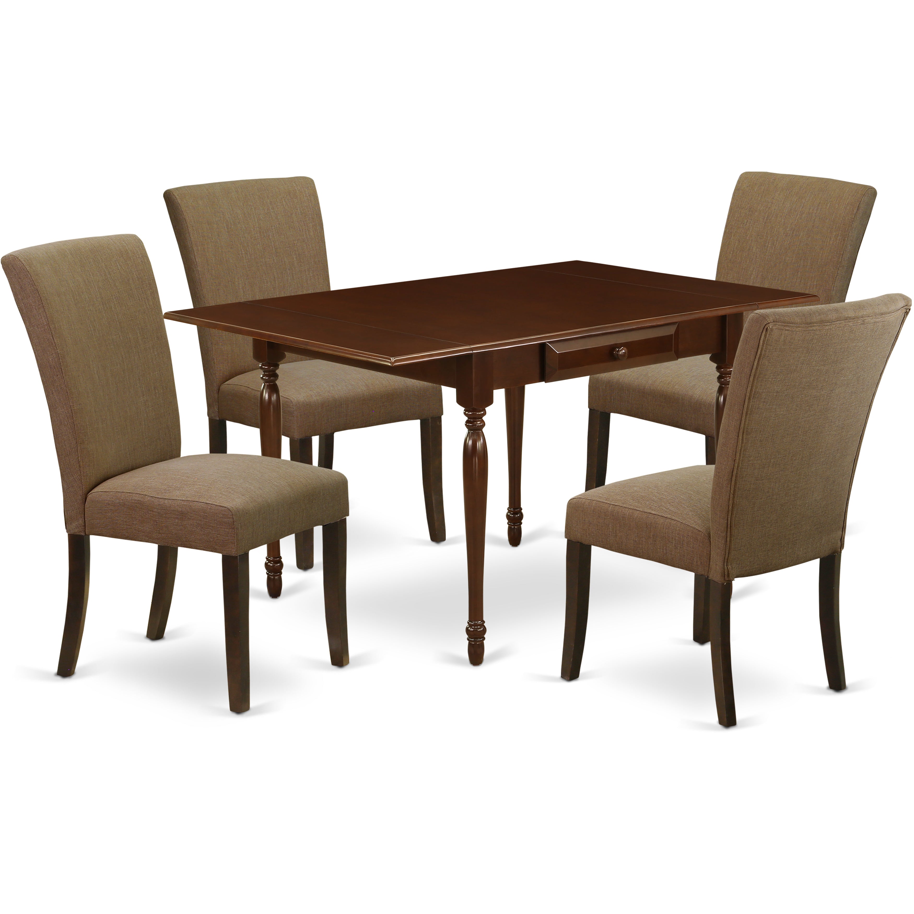 East West Furniture MZAL5-MAH-17 5Pc Kitchen Table Sets Consists of a Dining Table and 4 Parsons Dining Chairs with Light Sable Color Linen Fabric, Drop Leaf Table with Full Back Chairs, Mahogany Finish