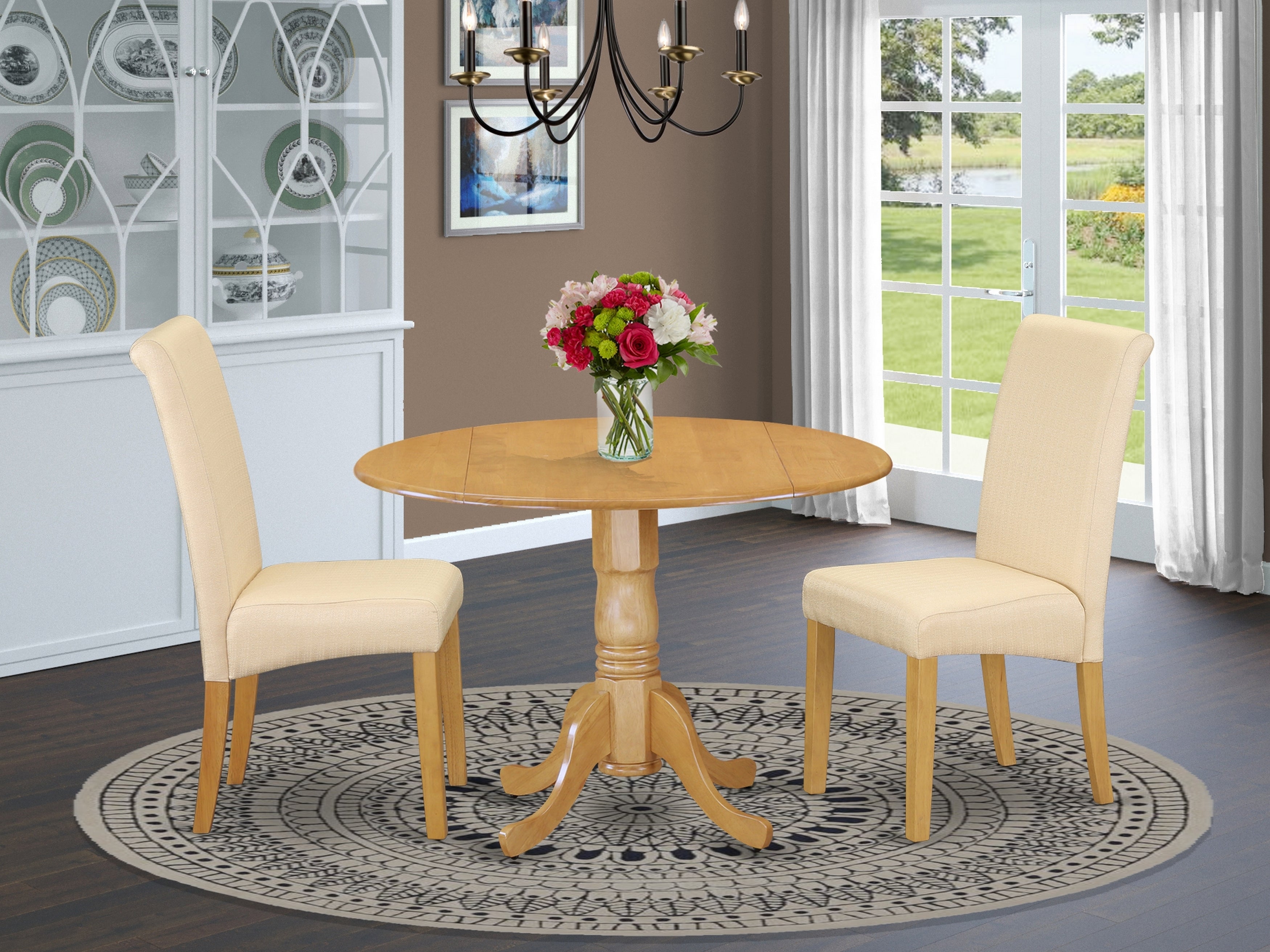 DLBA3-OAK-02 3Pc Small Round table with linen beige fabric dining chairs with oak chair legs