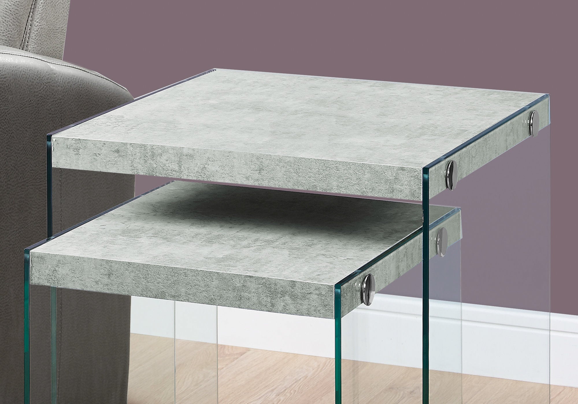NESTING TABLE - 2PCS SET / GREY CEMENT / TEMPERED GLASS