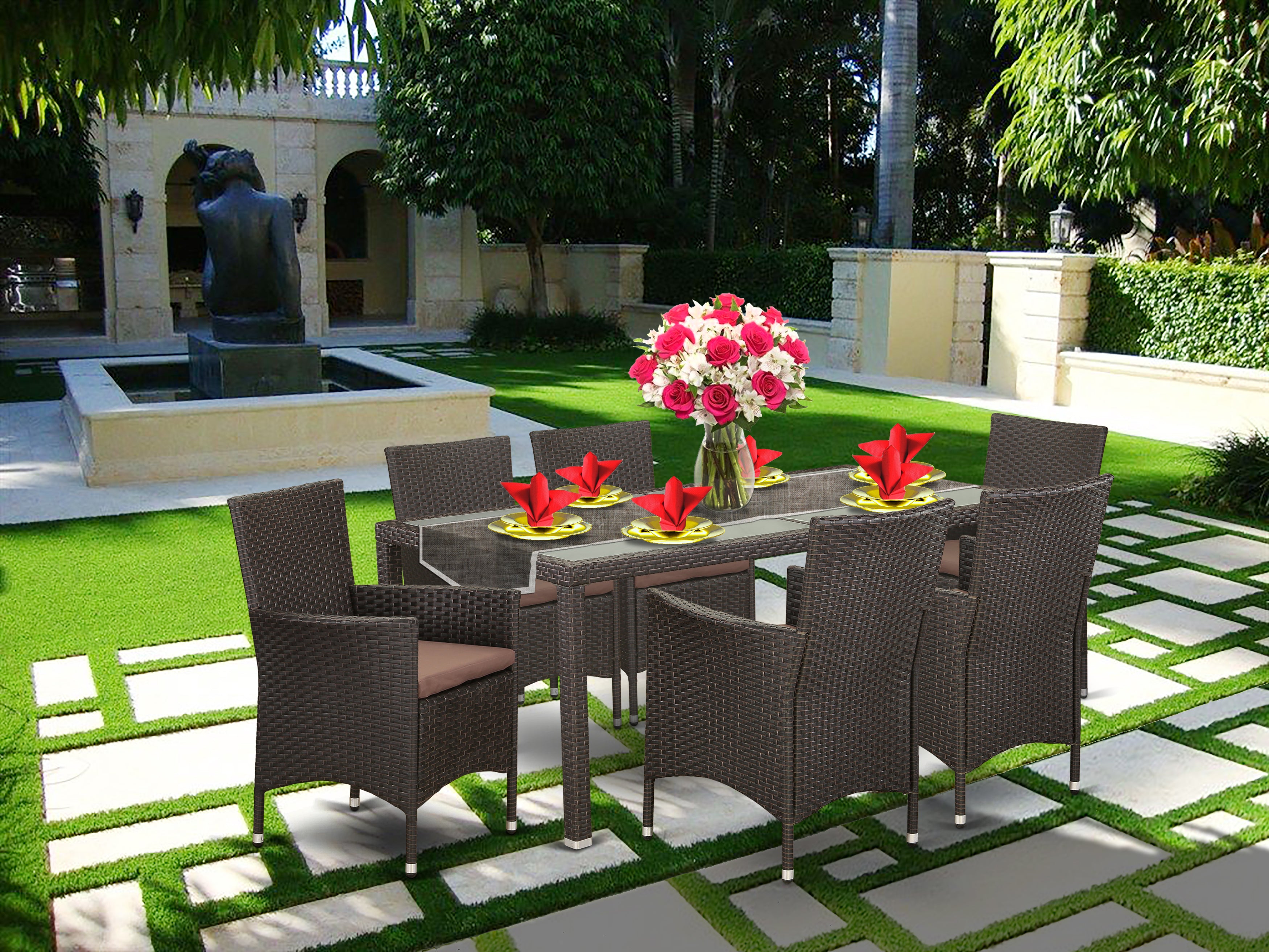 LUVL7-63S 7 pc Patio Wicker Yard Dining Set for 6 in Dark Brown Finish