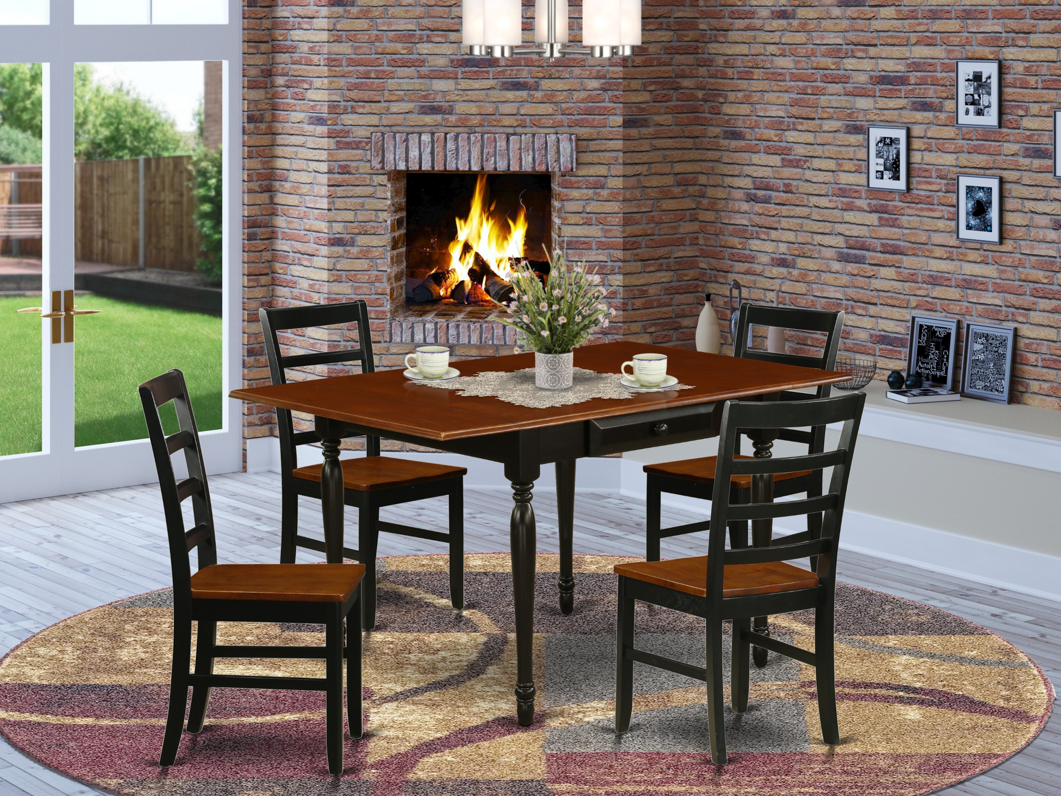 East West Furniture MZPF5-BCH-W 5 Pc Dining Room Table set - Durable Drop Leaf Real Wood Rectangle Dining Table and 4 Real Wood Seat Kitchen Dining Chairs, Black and Cherry Finish