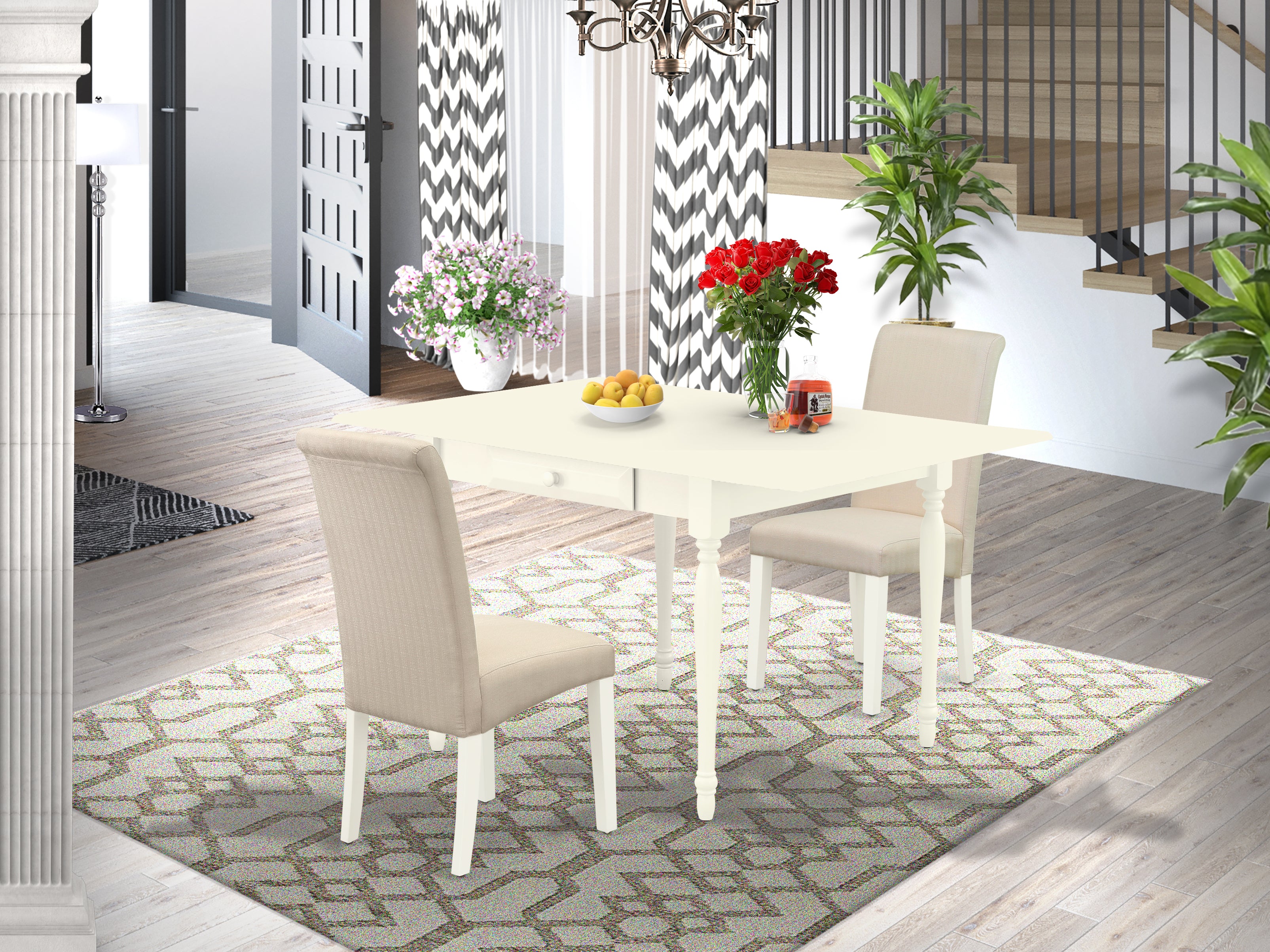 East West Furniture MZBA3-LWH-01 3Pc Dining Table Set Consists of a Dinette Table and 2 Parson Dining Chairs with Cream Color Linen Fabric, Drop Leaf Table with Full Back Chairs, Linen White Finish