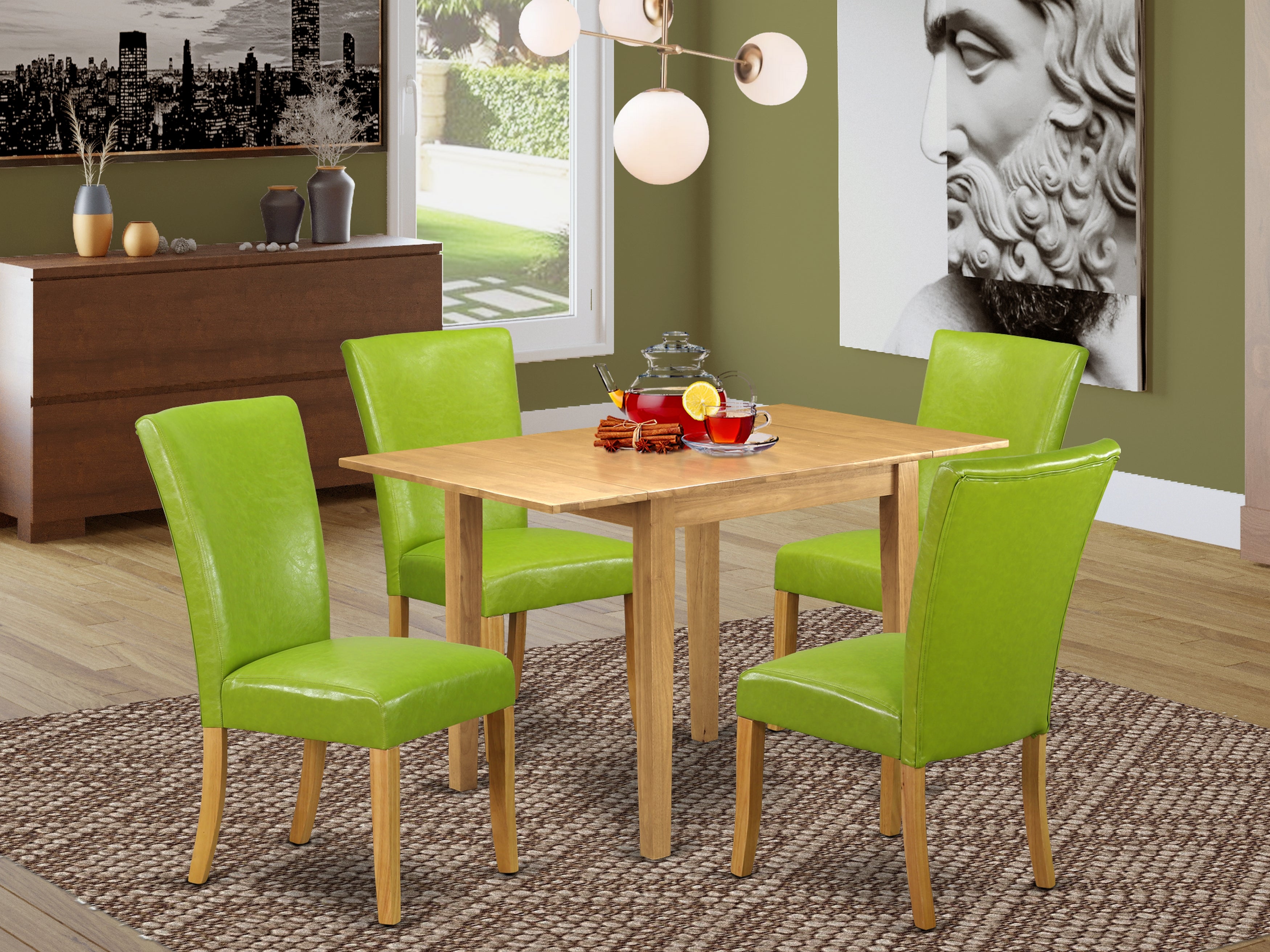 East West Furniture NDAL5-OAK-51 Dining Room Table Set 5 Pc - Four Dining Chairs and a Dining Room Table - Oak Finish Wood - Autumn Green Color Pu Leather