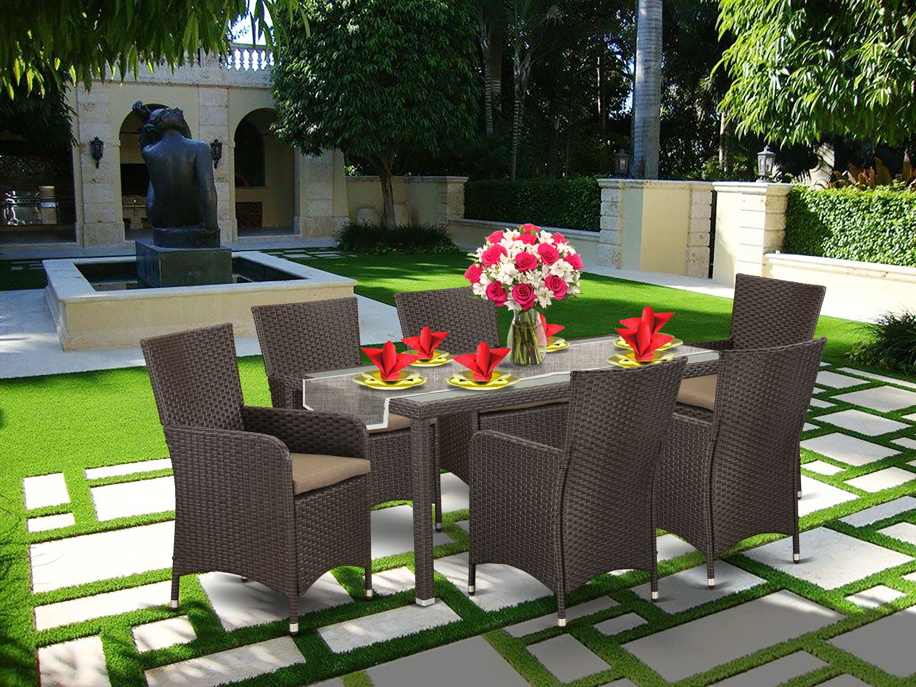 LULU7-63S 7 pc Outside Patio Wicker Dining Set for 6 in Dark Brown Finish
