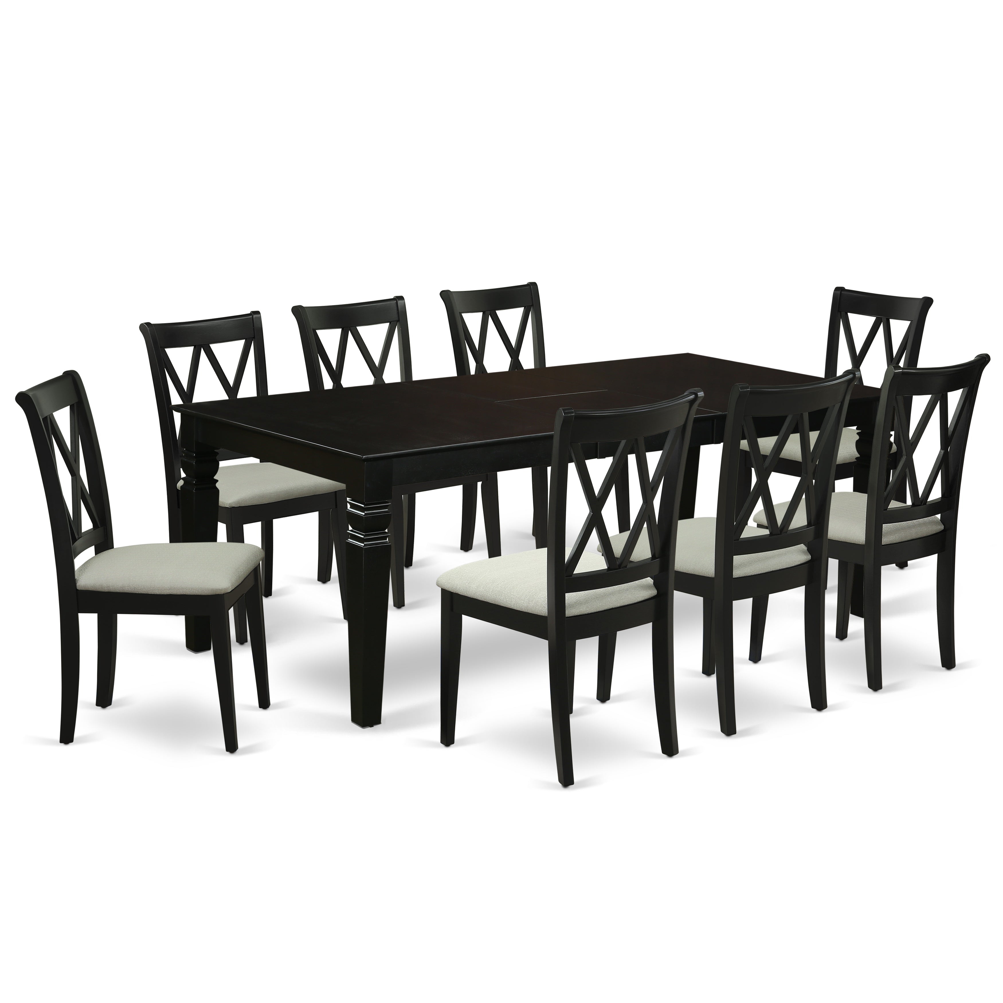 LGCL9-BLK-C 9Pc Dining Set Includes a Rectangle Dining Table with Butterfly Leaf and Eight Double X Back Microfiber Seat Kitchen Chairs, Black Finish