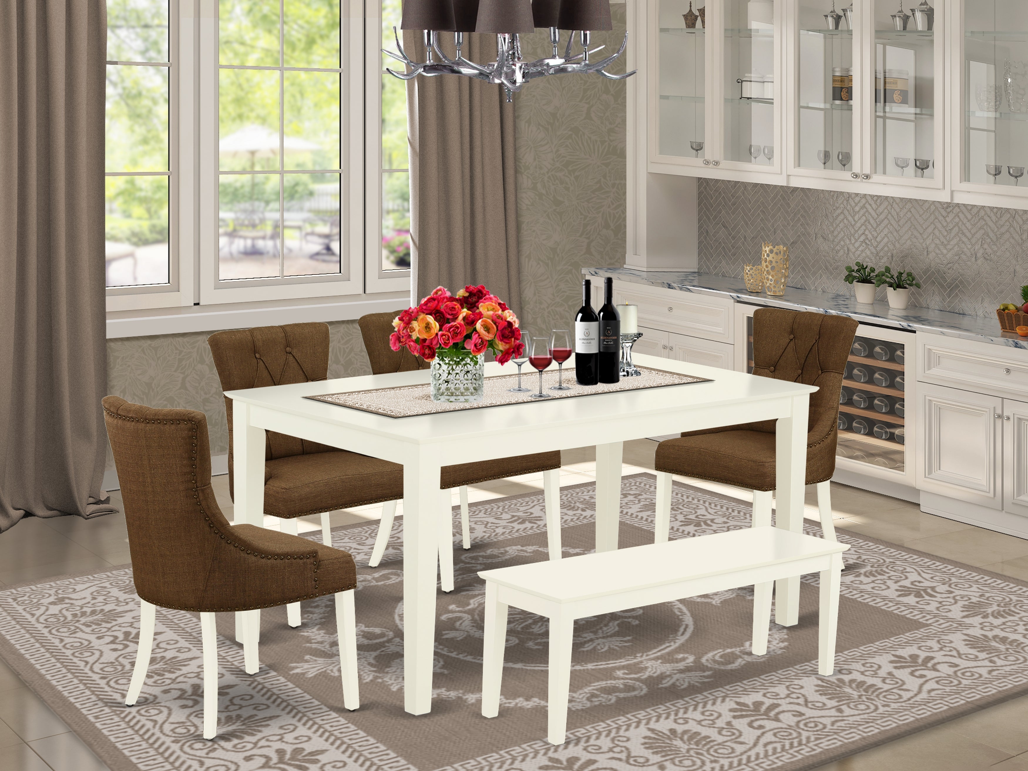 CAFR6-LWH-18 6Pc Dining Set Includes a Rectangle Dinette Table and Four Parson Chairs with Dark Coffee Fabric and a Bench, Linen White Finish