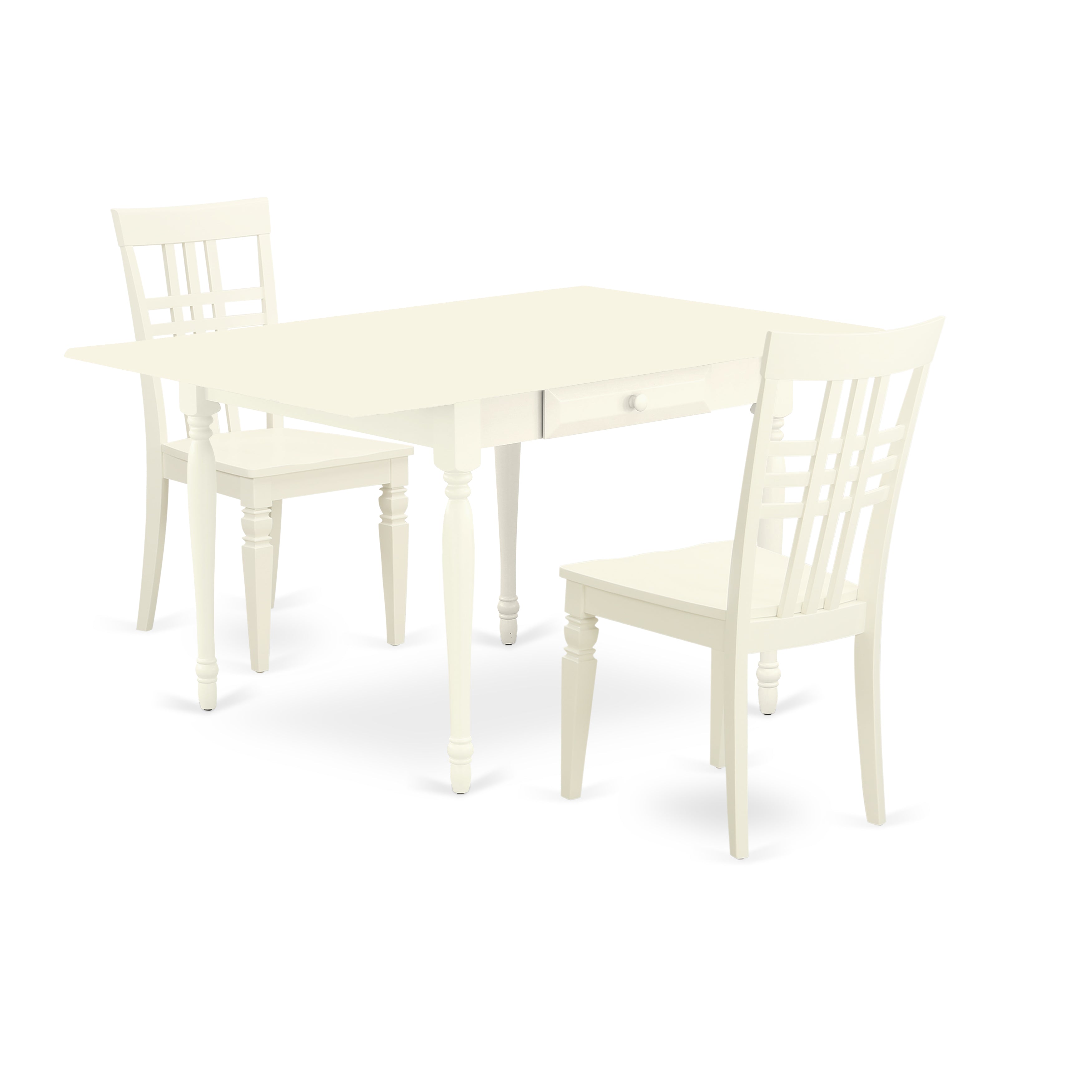 East West Furniture MZLG3-LWH-W 3 Pieces Dining Table set - Durable Drop Leaf Wooden Dining Room Table and 2 Real Wood Seat Modern Dining Chairs, Linen White Finish