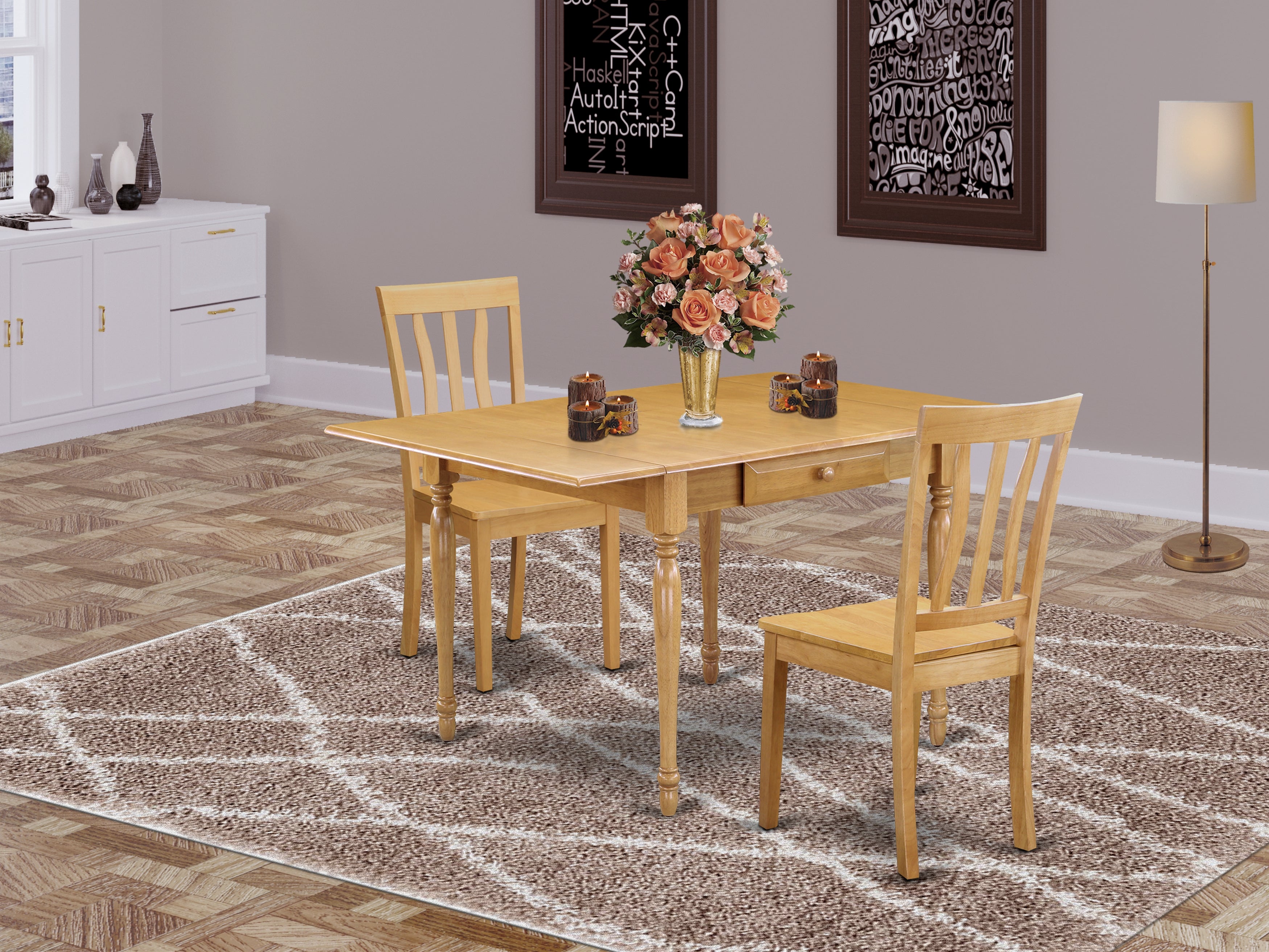 East West Furniture MZAN3-OAK-W 3Pc Dinette Sets for Small Spaces Contains a Wood Table and 2 Dining Chairs with Solid Wood Seat, Drop Leaf Table with Slat Back Chairs, Oak Finish