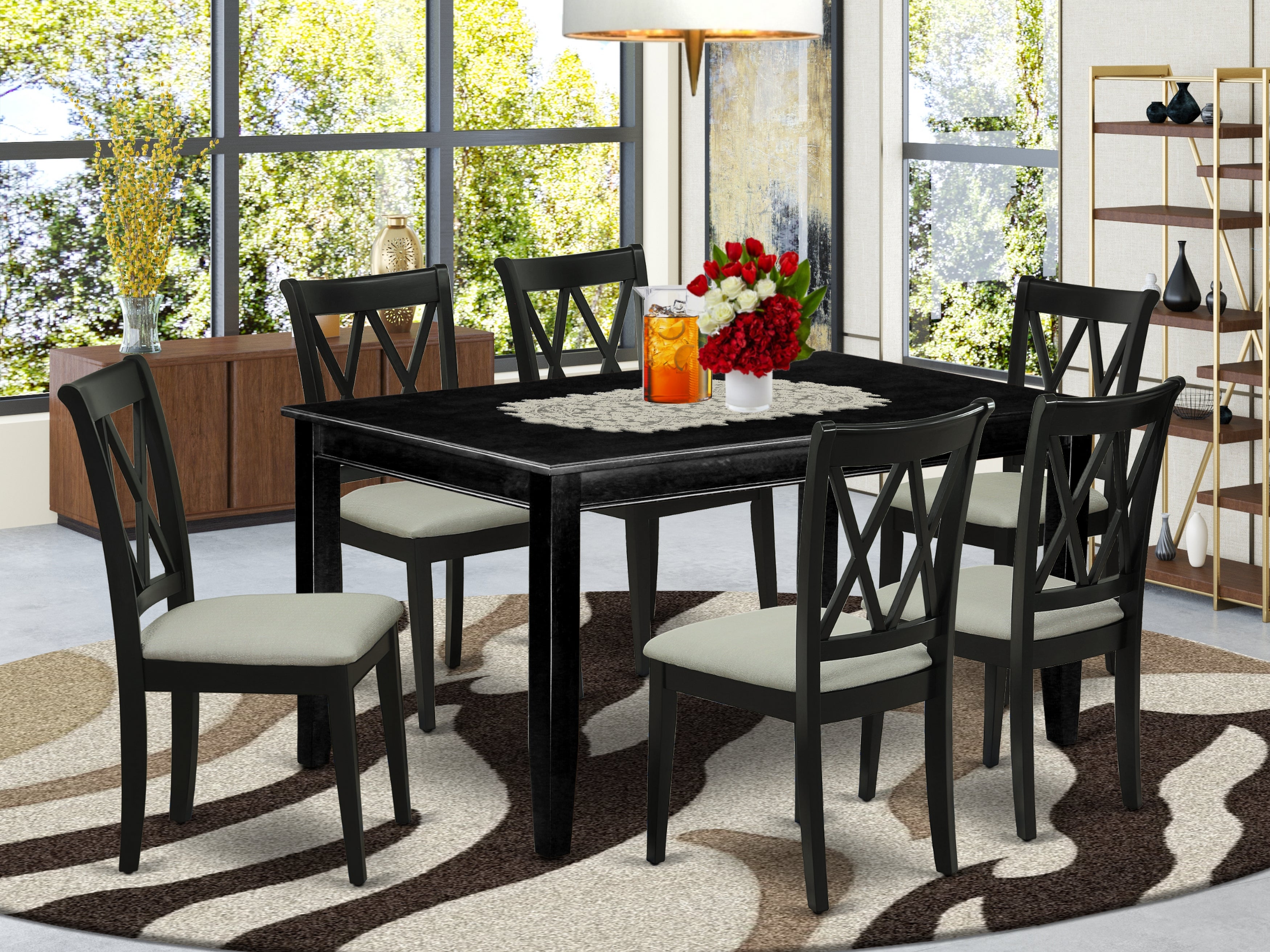 DUCL7-BLK-C 7Pc Dinette Set Includes a Rectangular Kitchen Table and Six Double X Back Microfiber Seat Dining Chairs, Black Finish