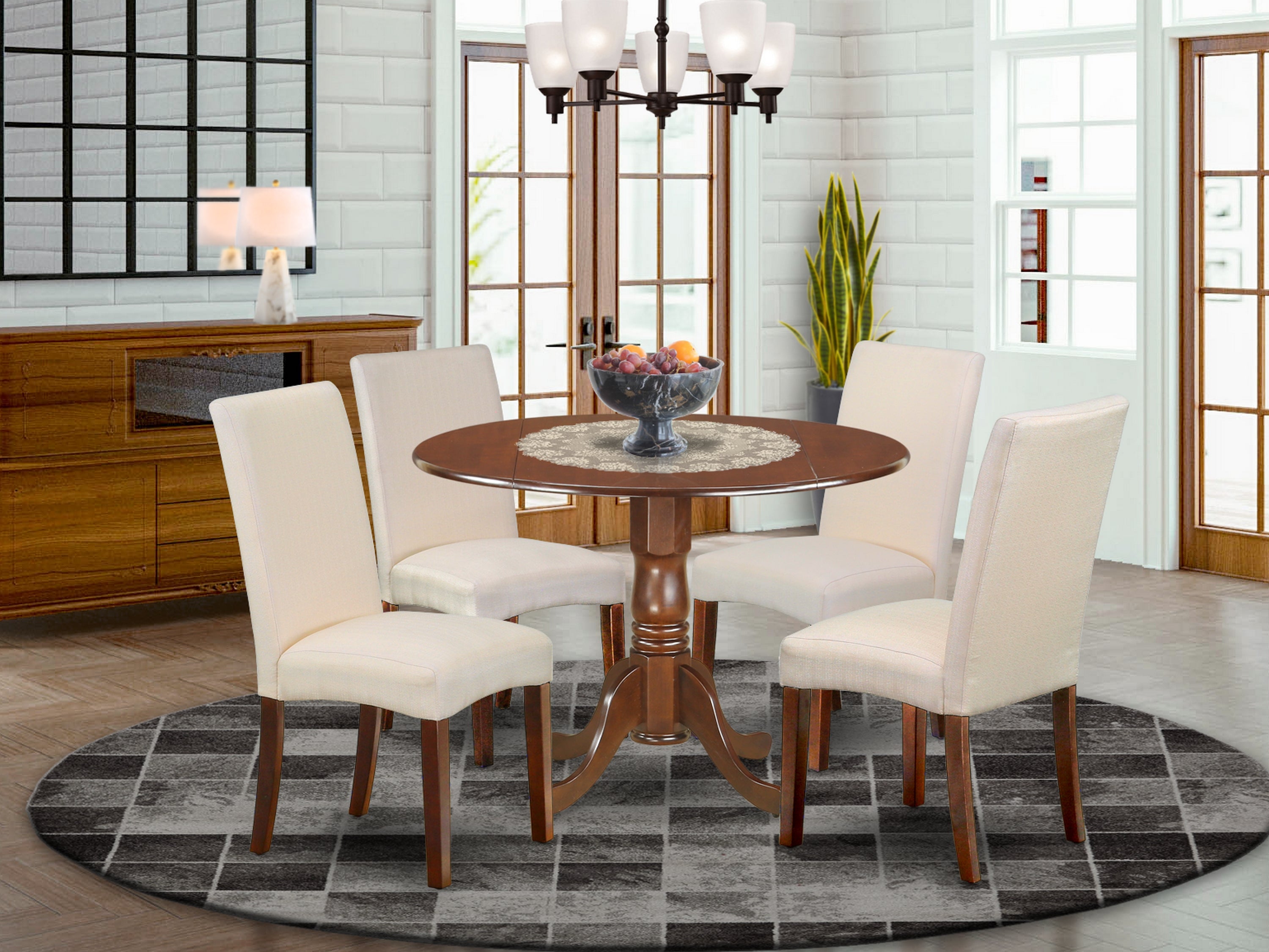 DLDR5-MAH-01 5Pc Round 42" Kitchen Table With Two 9-Inch Drop Leaves And Four Parson Chair With Mahogany Finish Leg And Linen Fabric- Cream Color