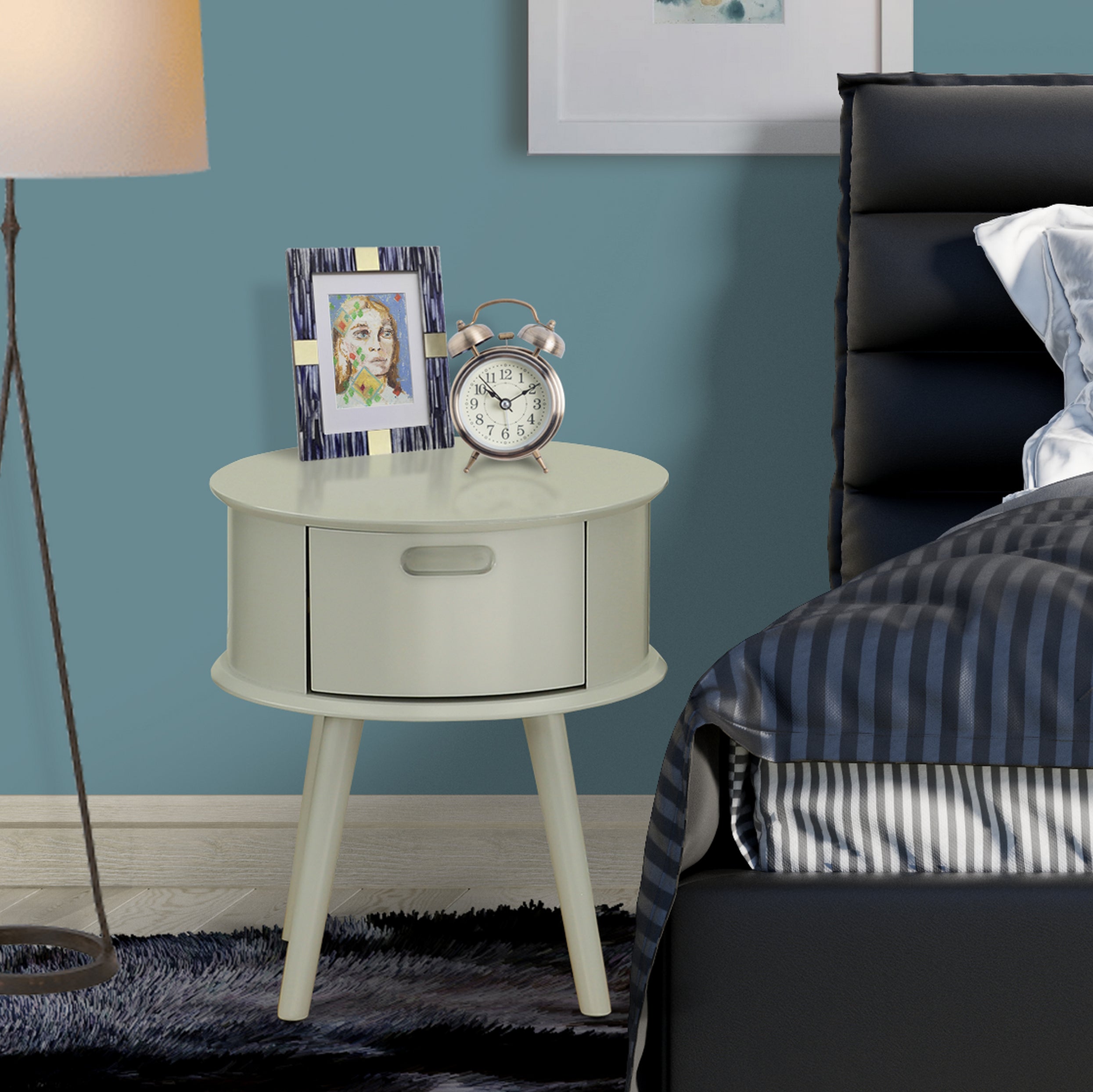 Gordon Round Night Stand End Table With Drawer in Urban Gray Finish