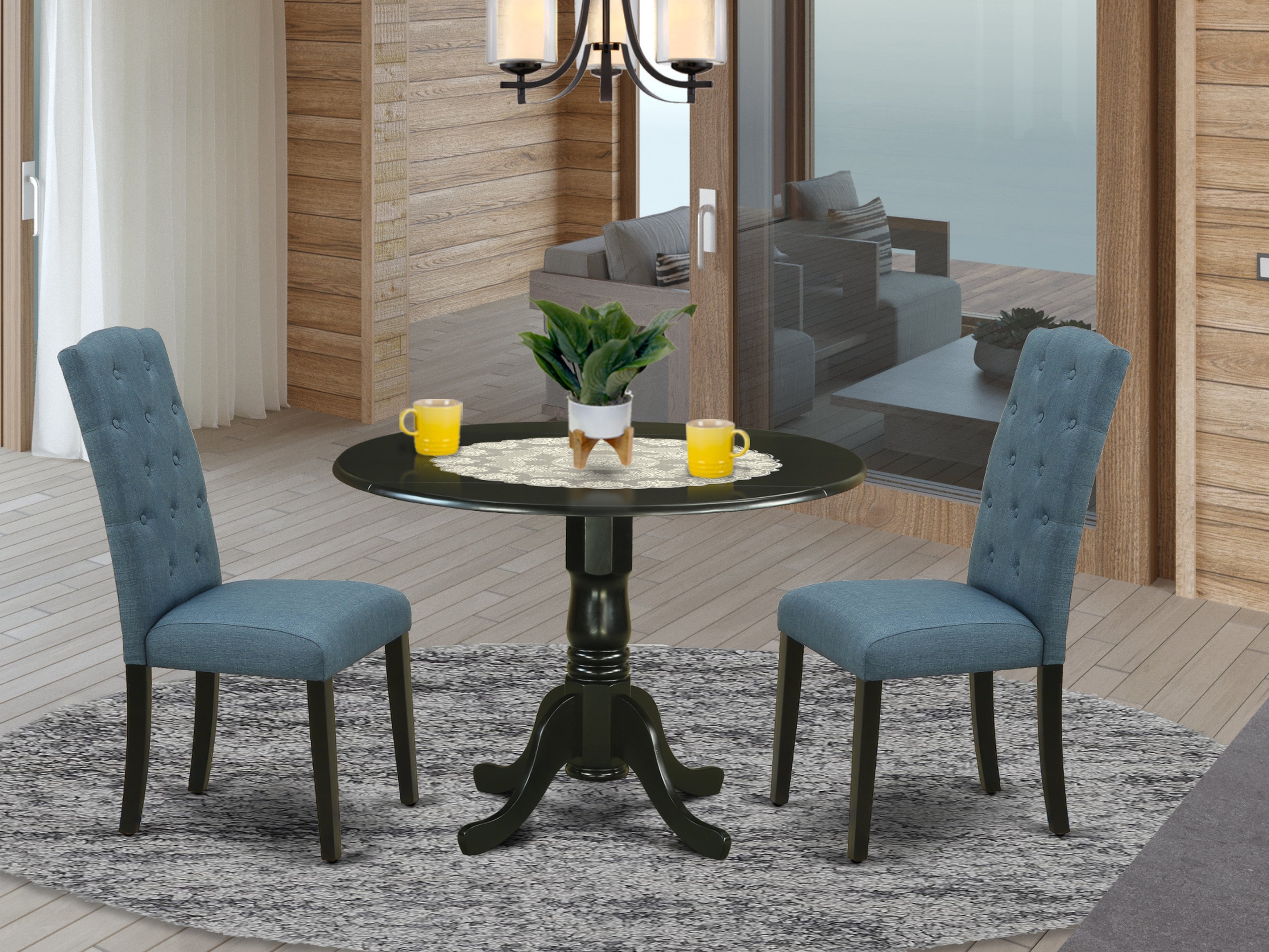 DLCE3-BLK-21 3Pc Dinette Set Includes a Rounded Kitchen Table with Drop Leaves and Two Parson Chairs with Blue Fabric, Black Finish