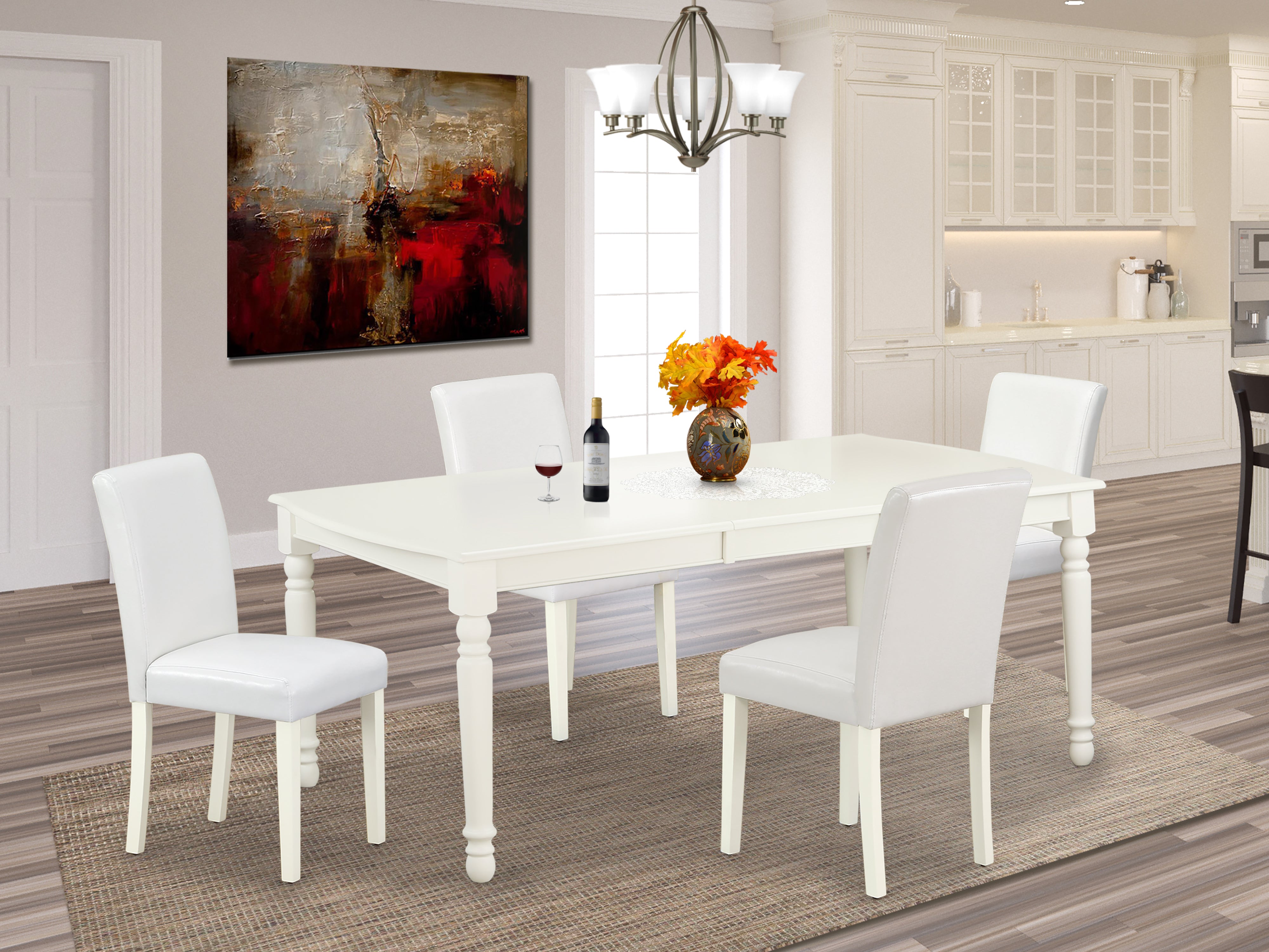 DOAB5-LWH-64 5Pc Rectangular 60/78" Table With 18 In Leaf And Four Parson Chair With Linen White Leg And Pu Leather Color White