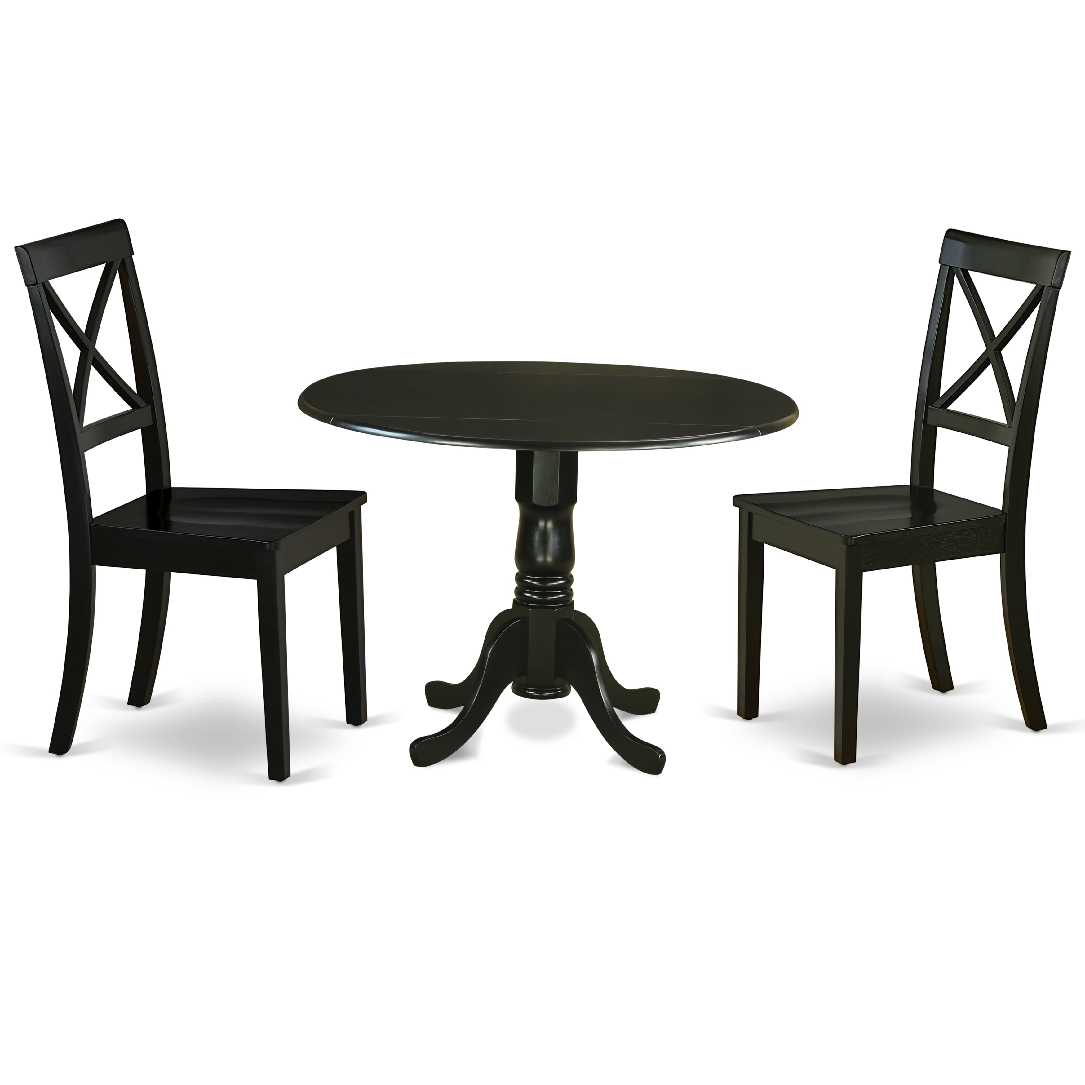DLBO3-BLK-W 3Pc Round 42 Inch Dining Table With Two 9-Inch Drop Leaves And A Pair Of Wood Seat Dining Chairs