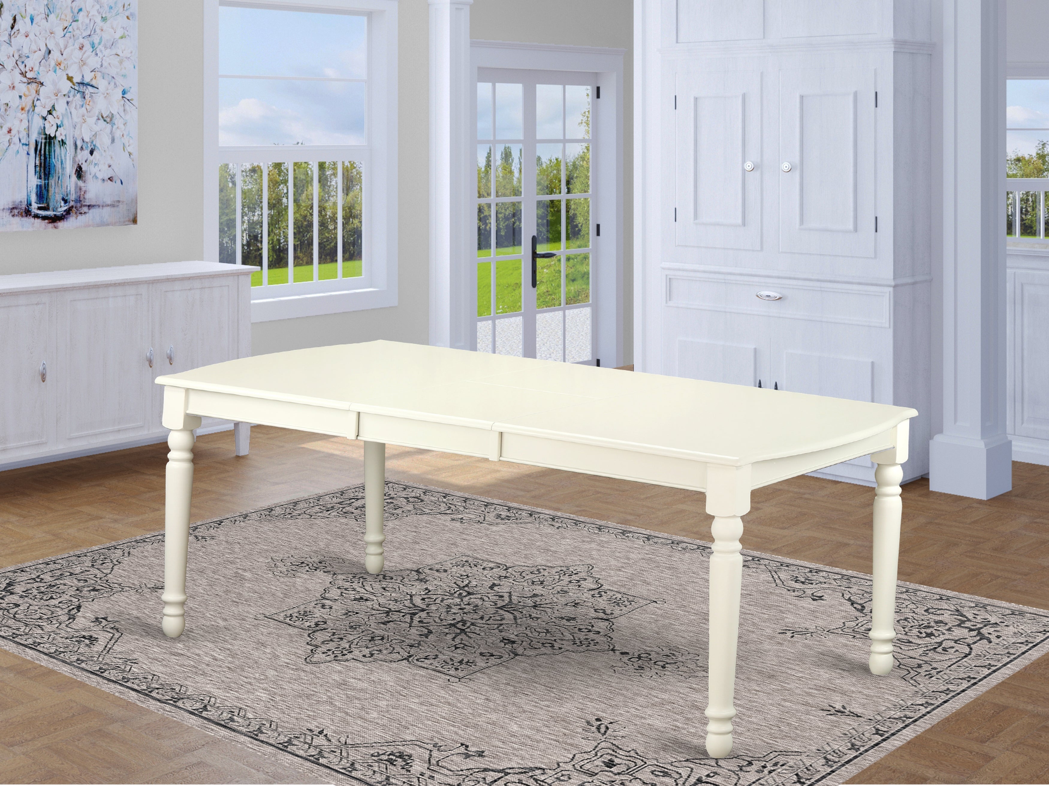 DOT-LWH-T Dover Dining Room table with 18" Butterfly Leaf -Linen White Finish.