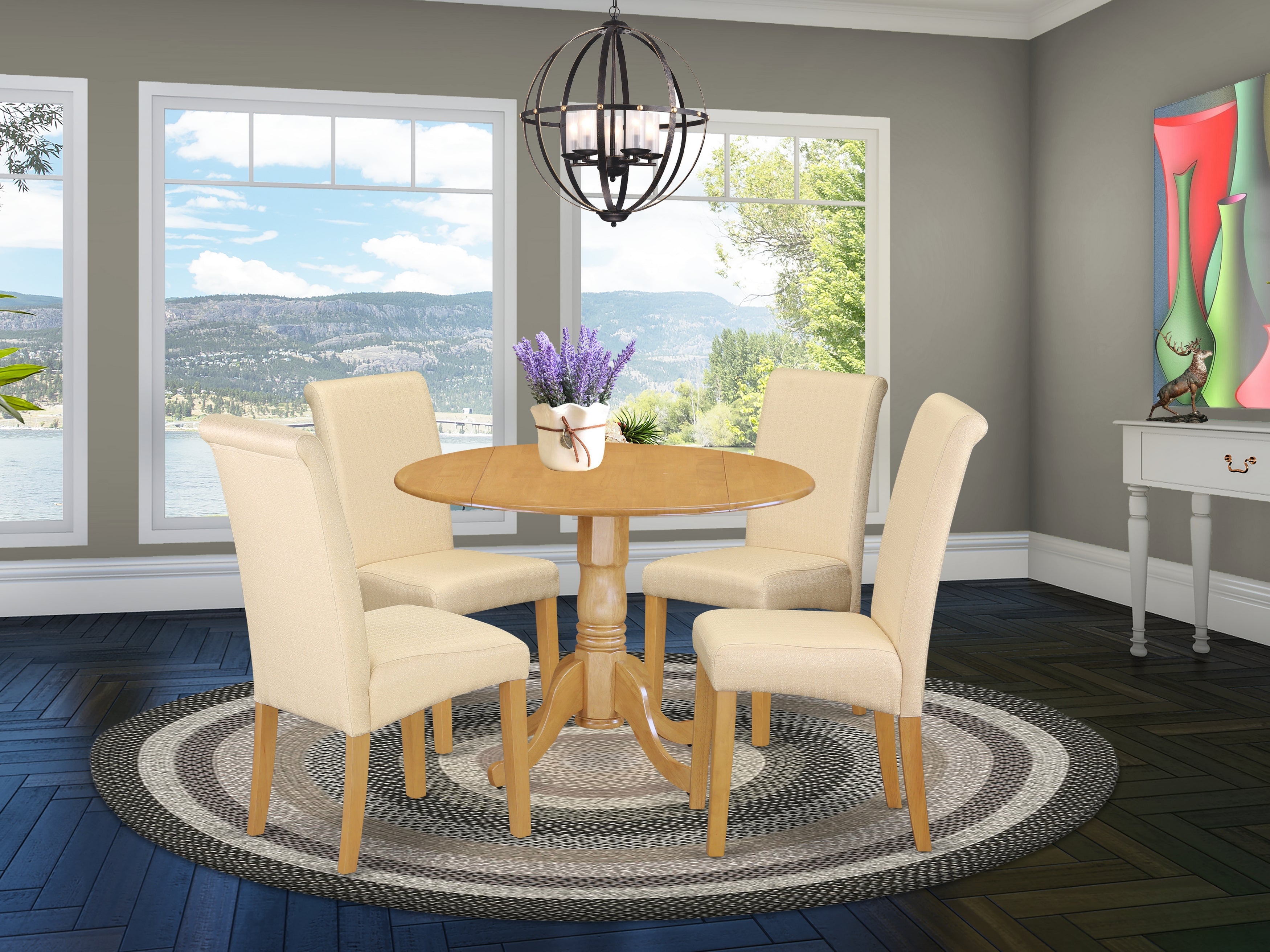 DLBA5-OAK-02 5Pc Small Round table with linen beige fabric Parson chairs with oak chair legs