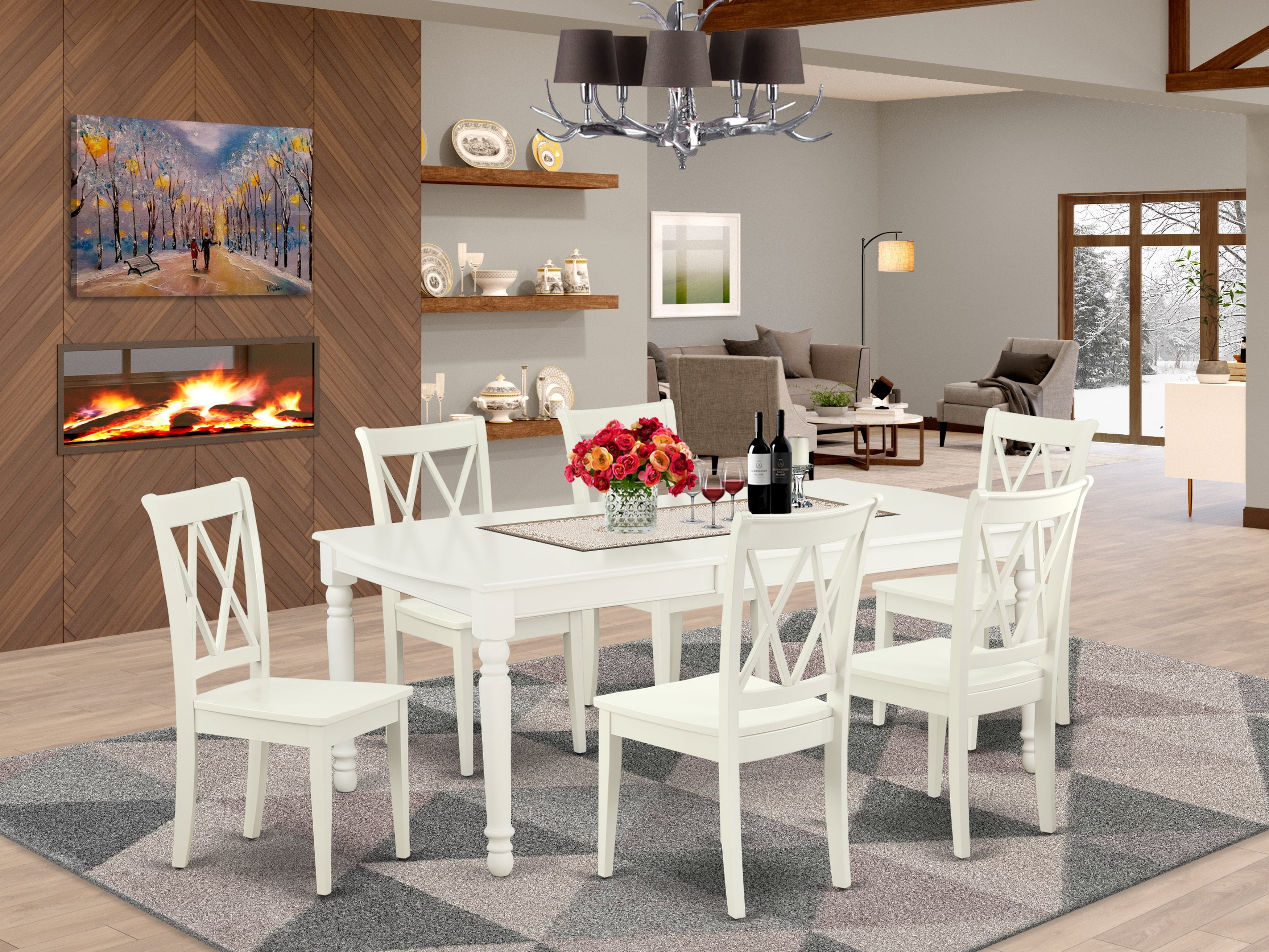 DOCL7-LWH-W 7PC Rectangular 60/78 inch Table with 18 In Leaf and 6 Double X back Chairs