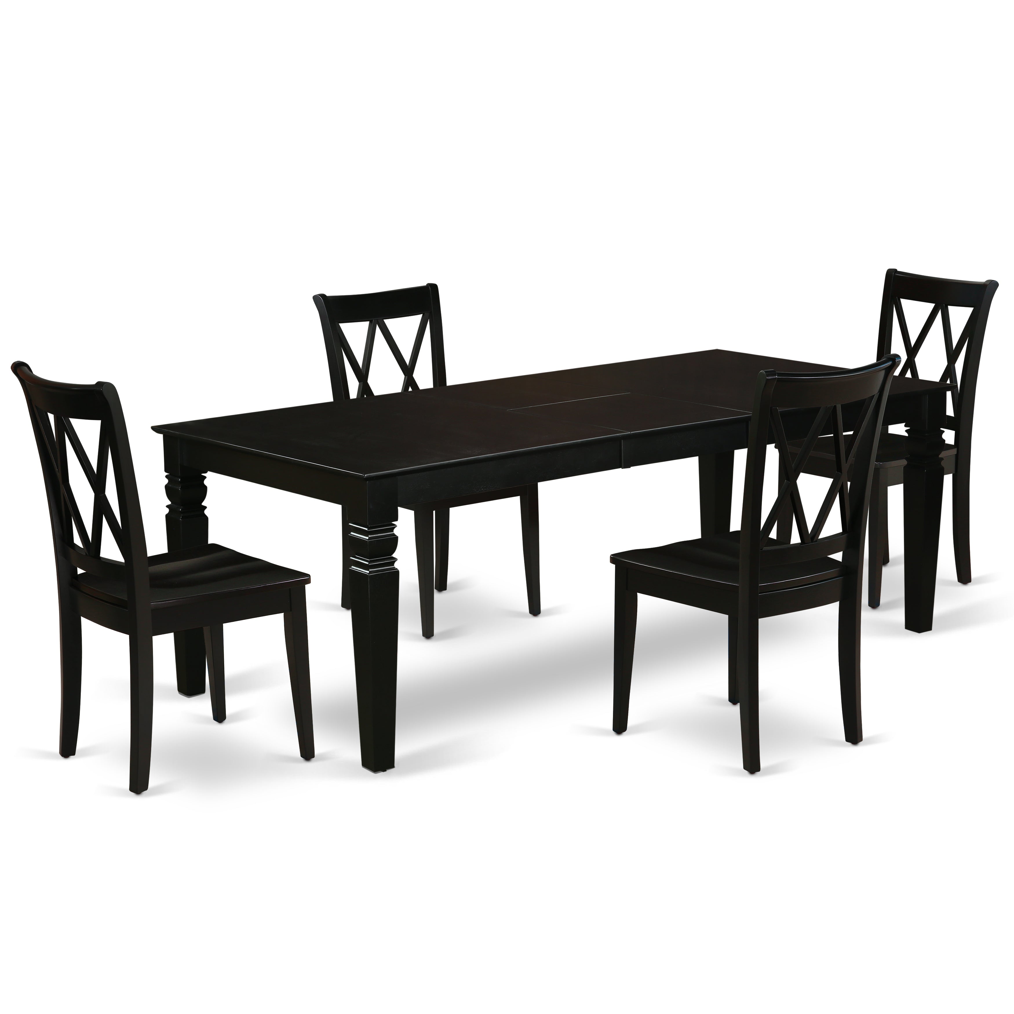 LGCL5-BLK-W 5Pc Rectangle 66/84 Inch Kitchen Table With 18 In Leaf And Four Wood Seat Dining Chairs