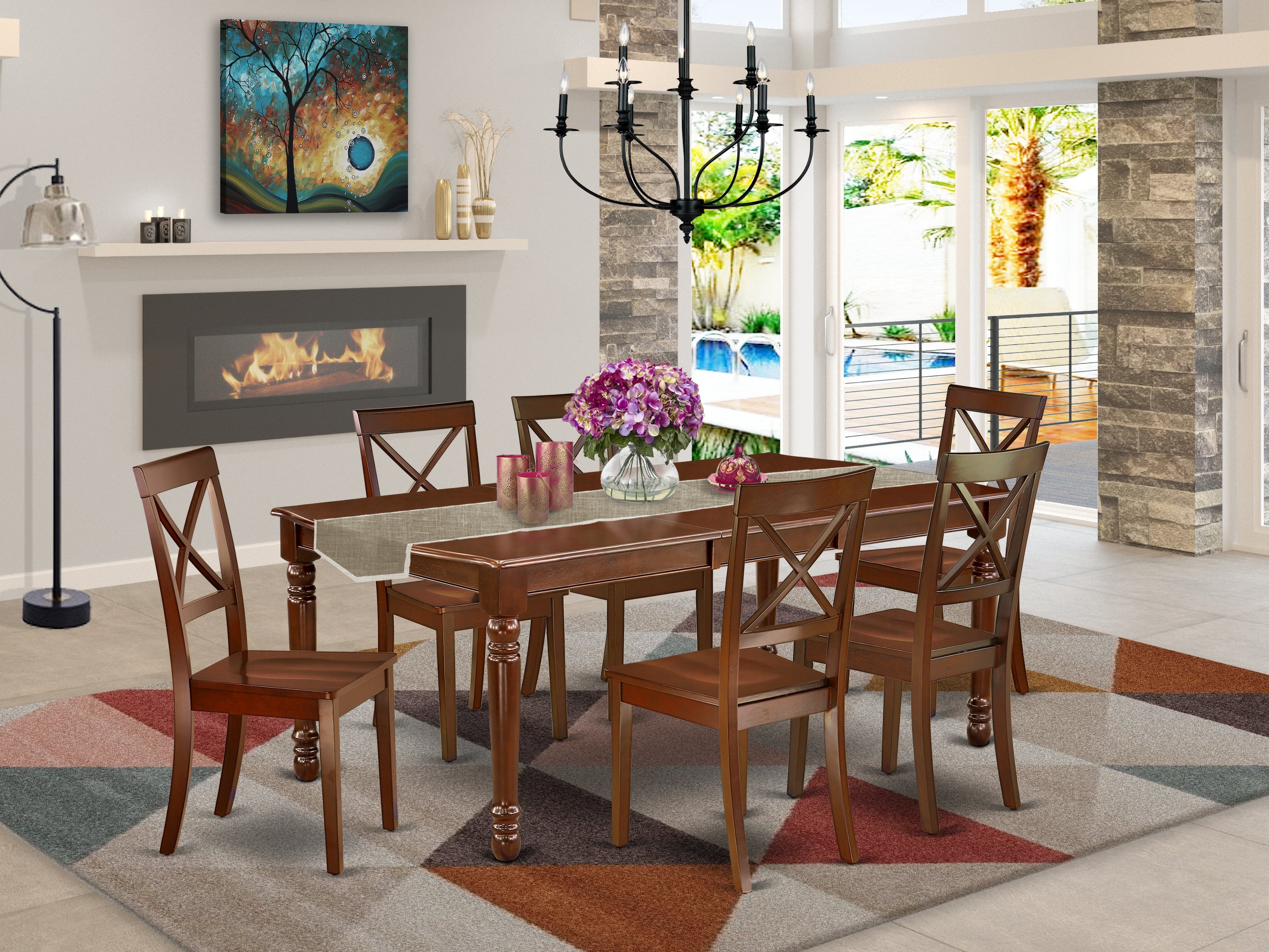 DOBO7-MAH-W 7Pc Rectangle 60/78 Inch Dining Room Table With 18 In Self Storing Butterfly Leaf And Six Wood Seat Kitchen Chairs