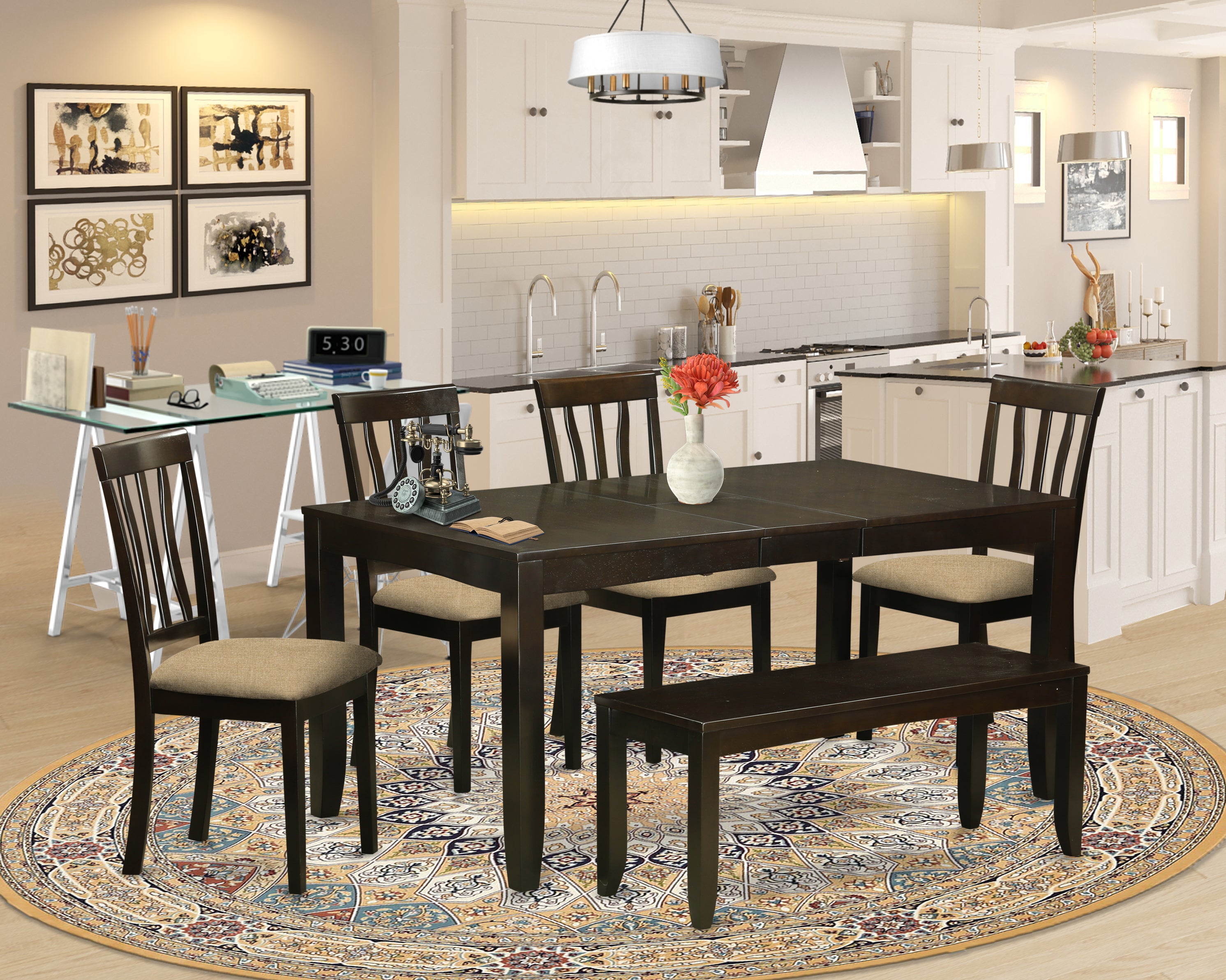 LYAN6-CAP-C 6 PC Dining set with bench-Dining Table with Leaf and 4 Dining Chairs Bench