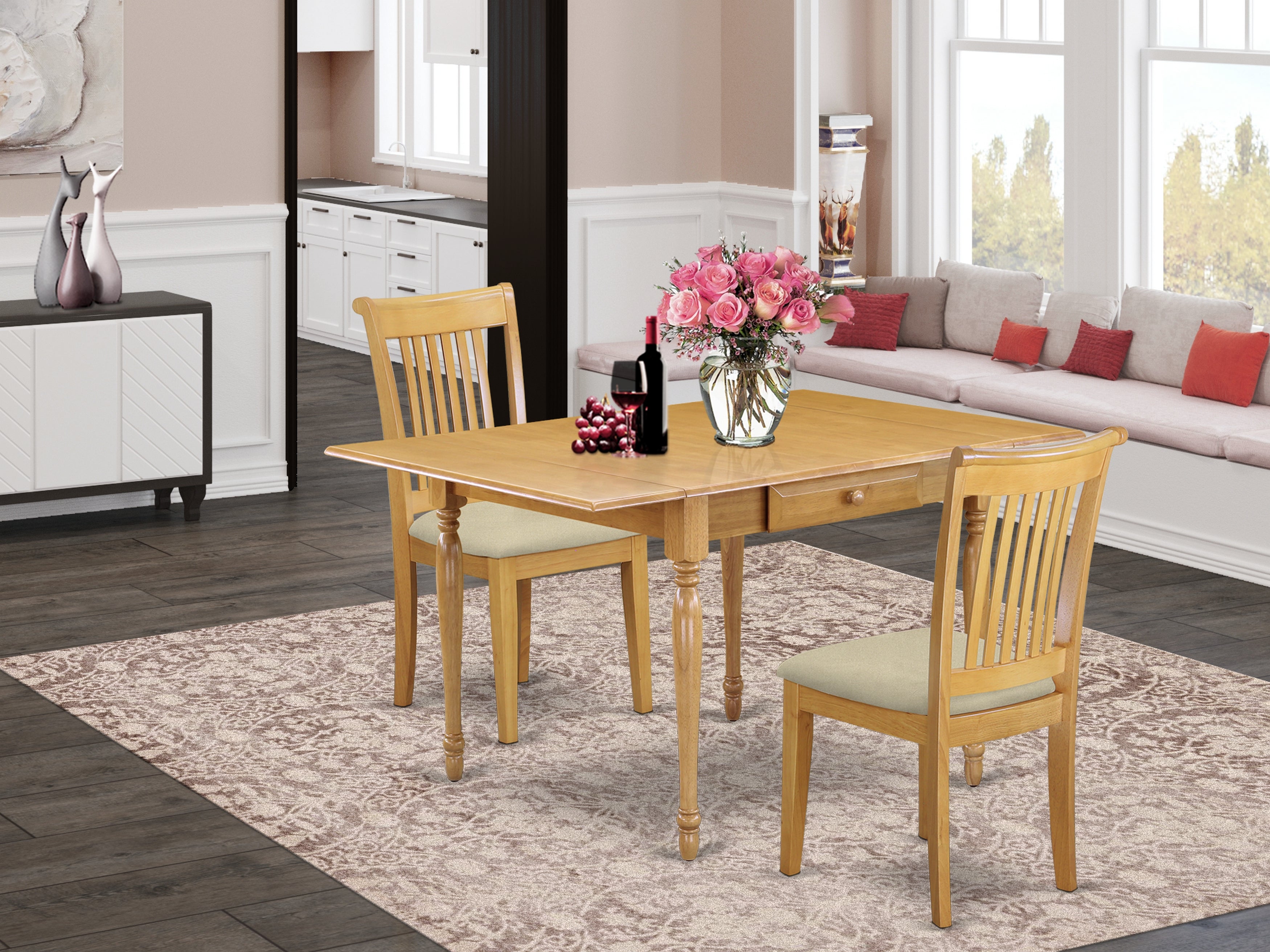 East West Furniture MZPO3-OAK-C 3 Pieces Dinette set - Strong Two 9-Inch Drop Down Leaves Solid Wood Dining Room Table and 2 Microfiber Upholstery Seat Kitchen Dining Chairs, Oak Finish