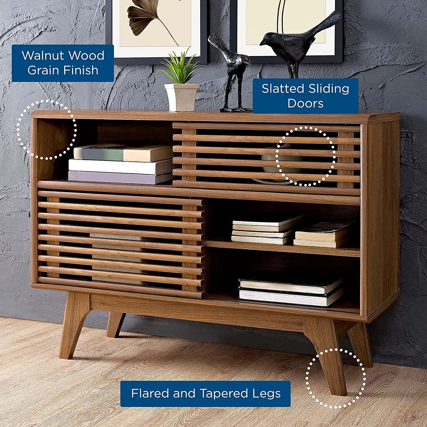 Modway Render Mid-Century Modern Two-Tier Display Stand in Walnut