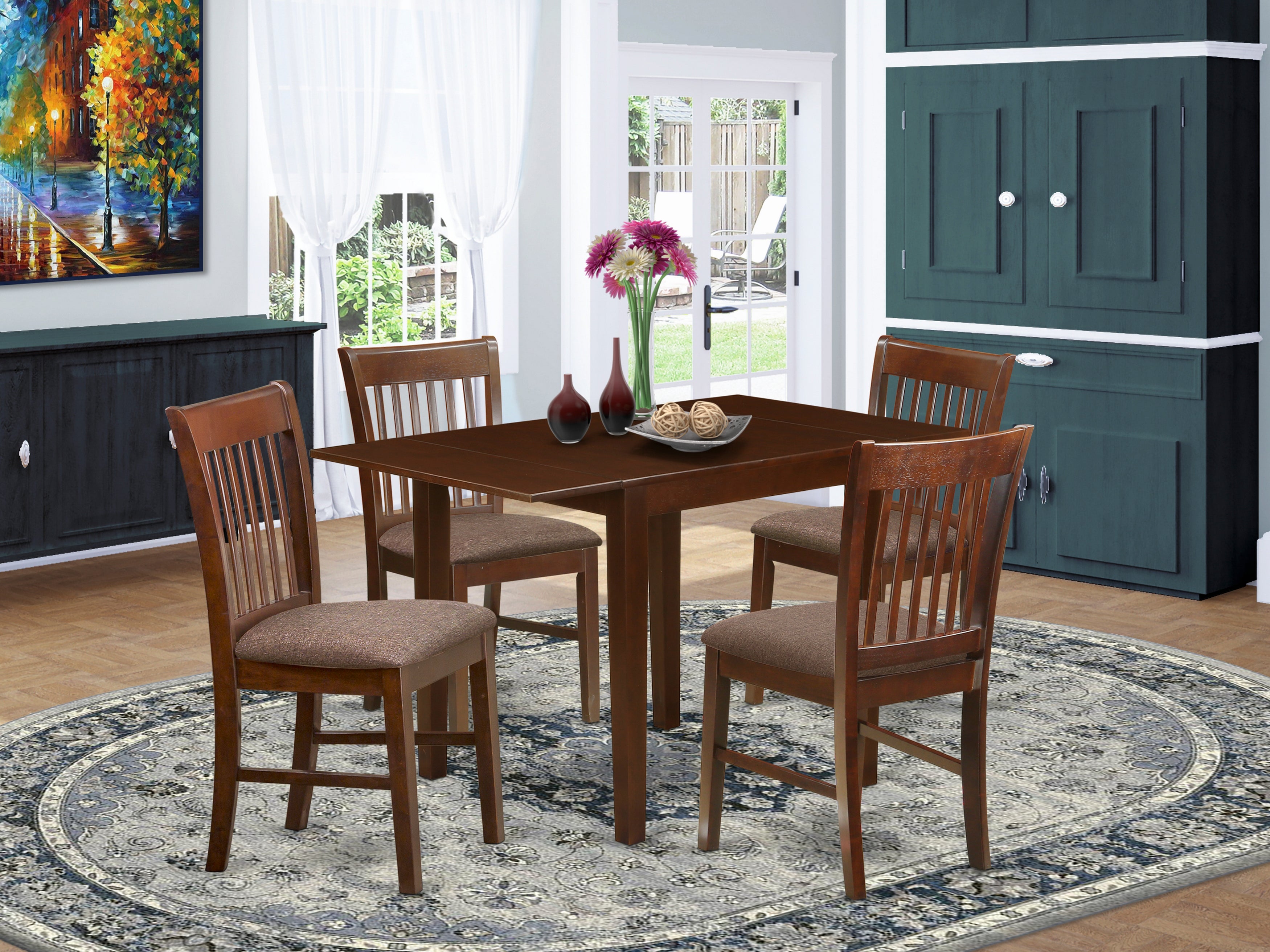 East West Furniture NDNO5-MAH-C 5Pc Wood Dining Table Set Contains a Drop Leaf Table and 4 Modern Dining Chairs with Microfiber Upholstery Seat, Mahogany Finish