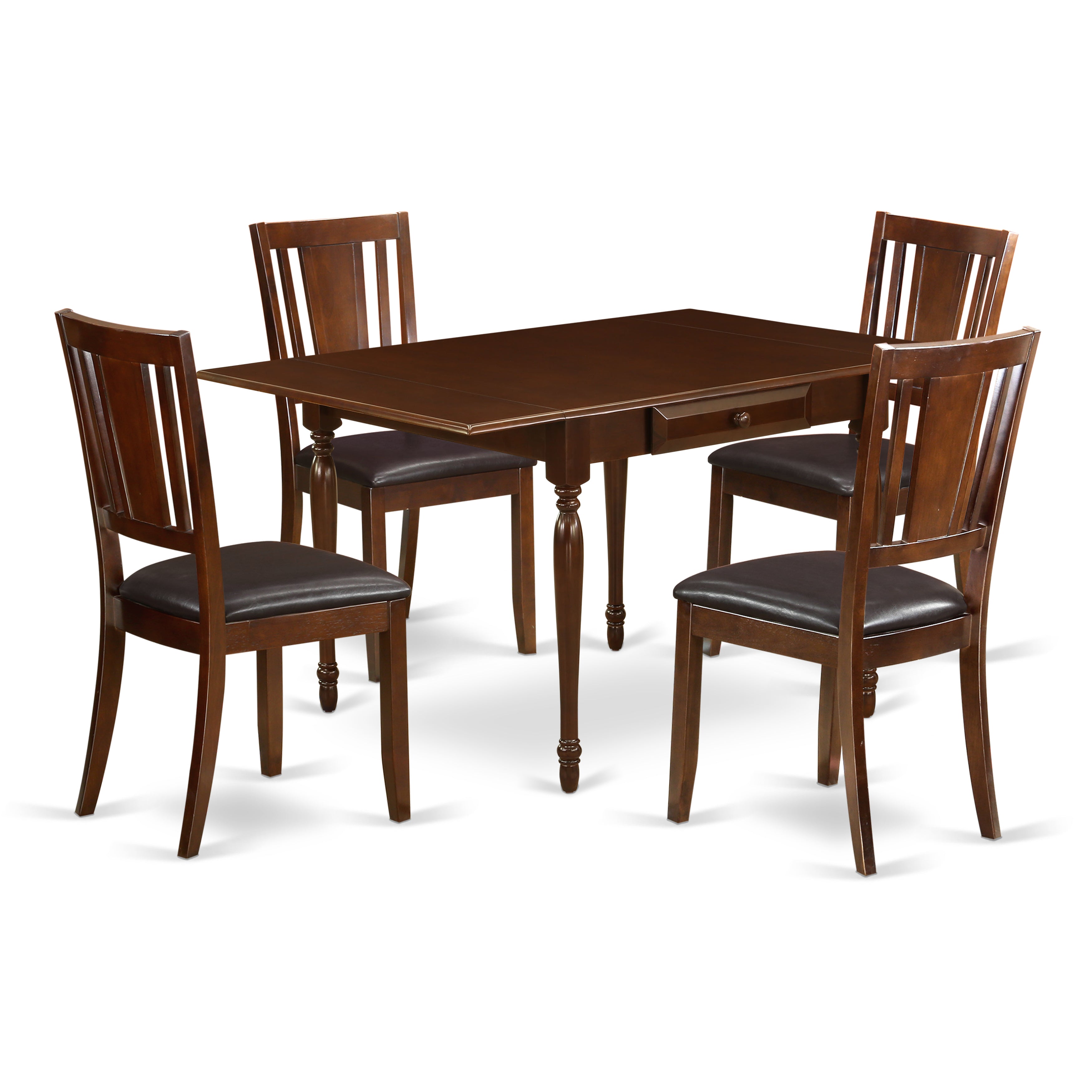 East West Furniture MZDU5-MAH-LC 5Pc Dining Table Set for 4 Consists of a Small Dining Table and 4 Dining Room Chairs with Faux Leather Seat, Drop Leaf Table with Panel Back Chairs, Mahogany Finish