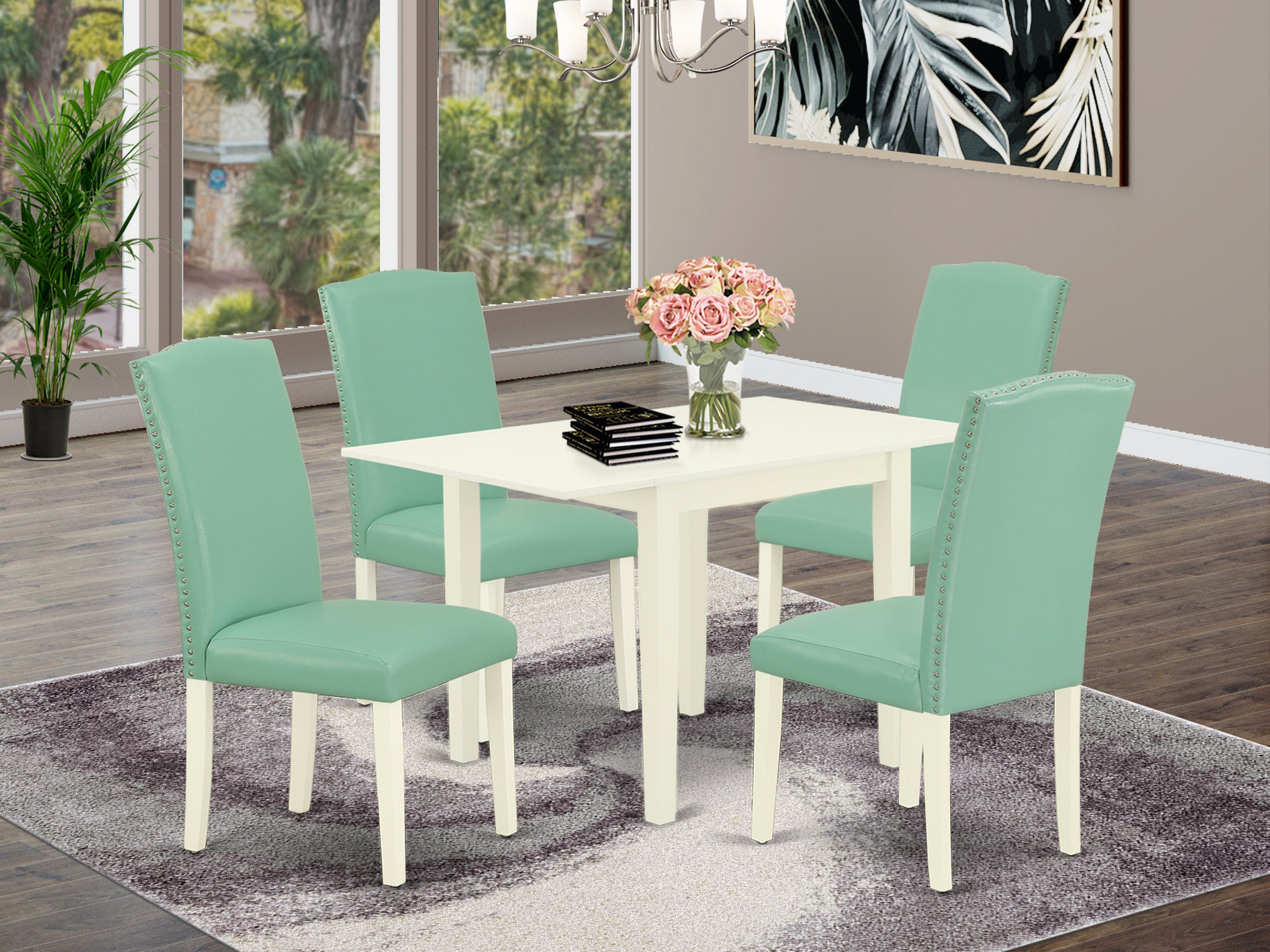 East West Furniture NDEN5-LWH-57 Modern Dining Table Set 5 Pcs - 4 Kitchen Chairs and a dining table - Linen White Finish Hardwood - Pond Color Pu Leather