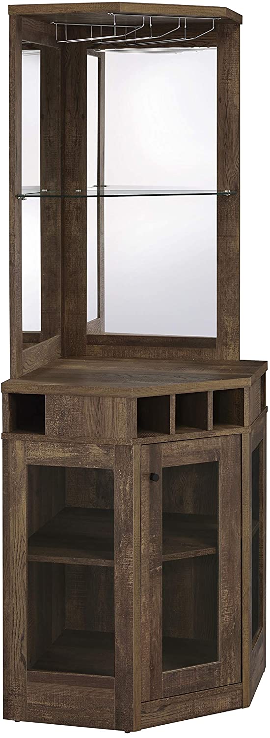 Farmhouse Style Corner Bar Cabinet with Stemware Rack Rustic Oak