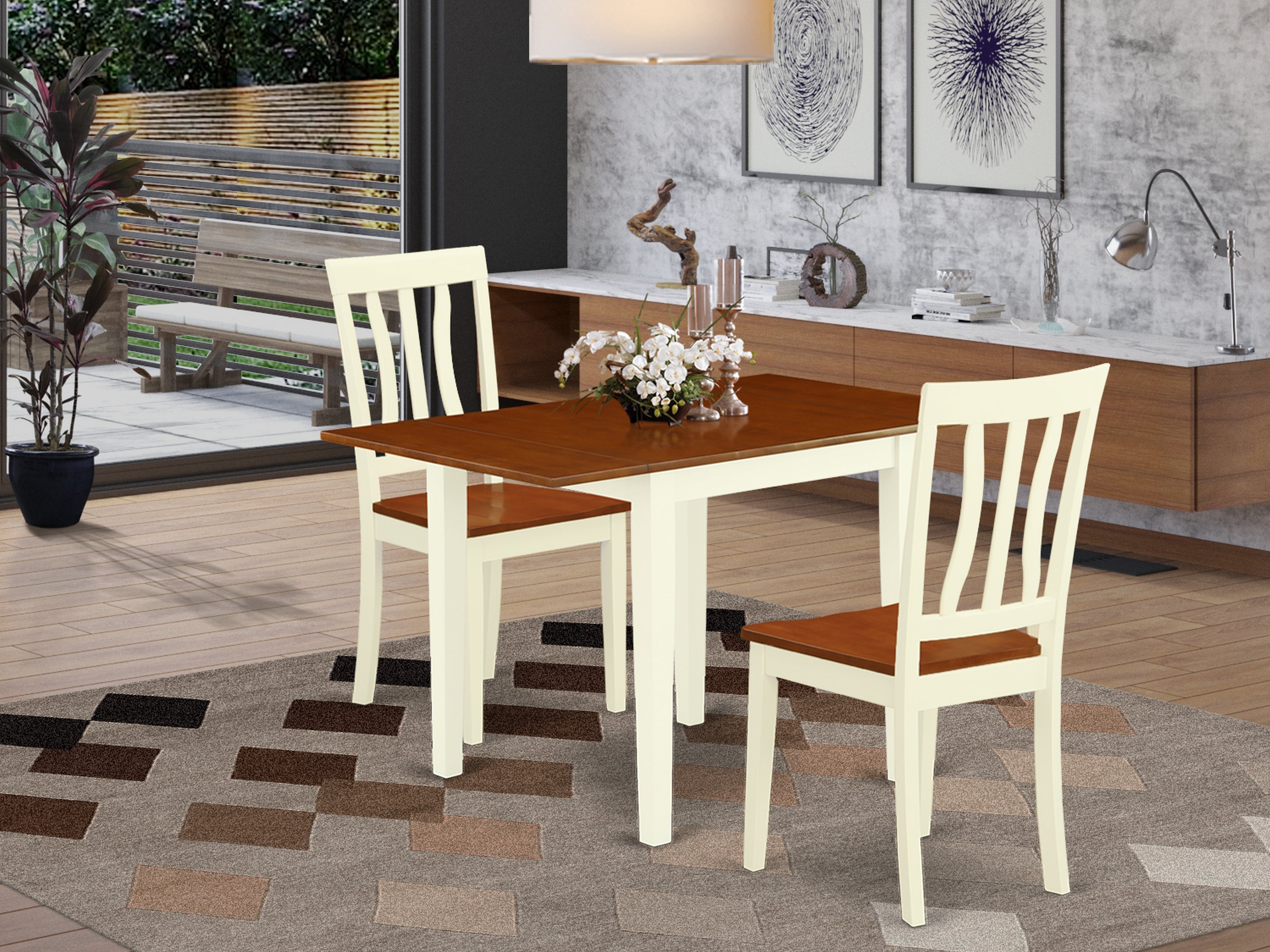 East West Furniture NDAN3-WHI-W Kitchen Table Set 3 Pc- 2 Great Dining Chairs and an elegant Wood Table - Cherry Finish Wooden Chair Seat and Table Top - Buttermilk Finish Wooden Frame.