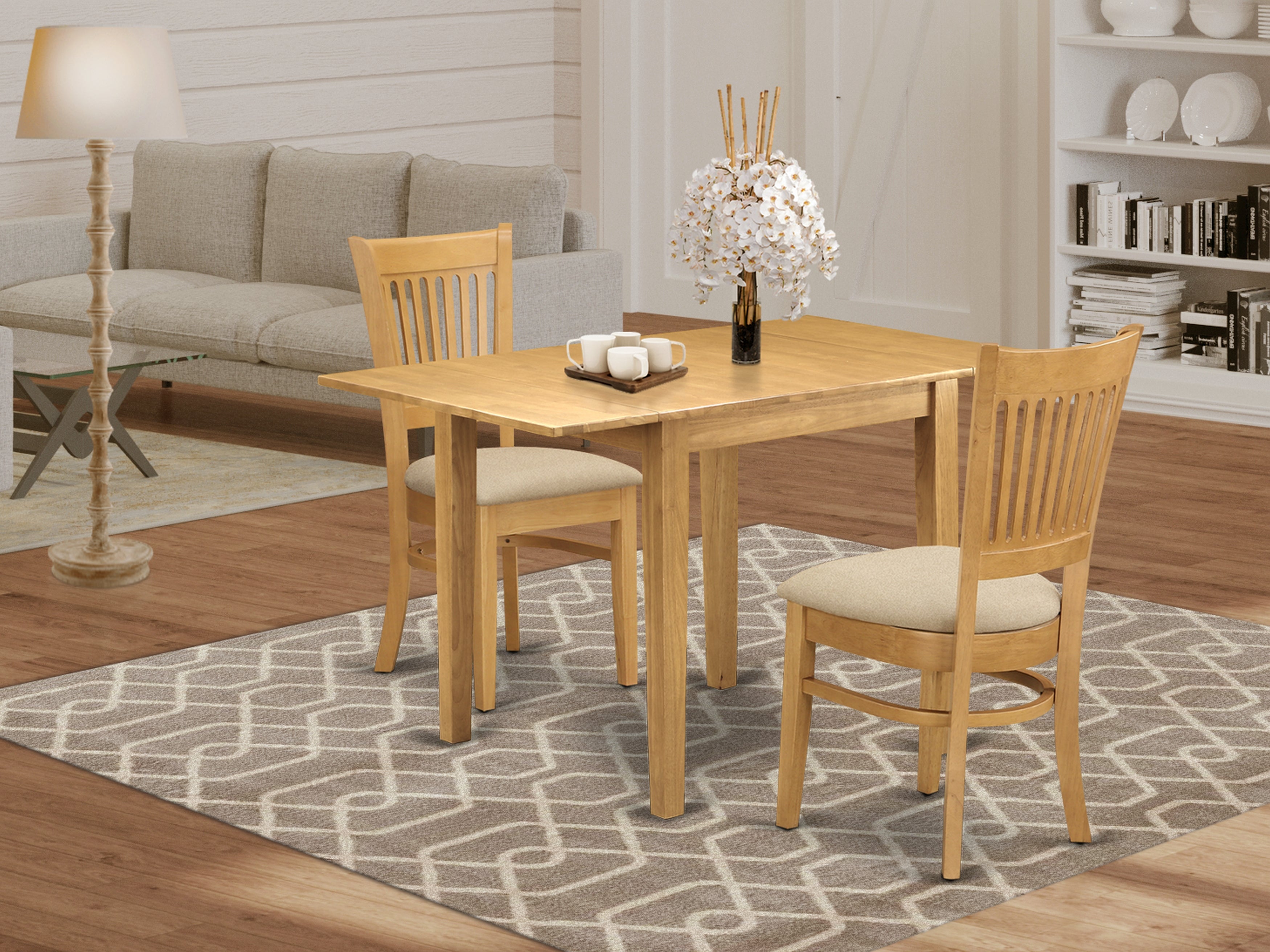 East West Furniture NDVA3-OAK-C, 3Pc Dining Room Table Set Includes a Wood Table and 2 Dinette Chairs withMicrofiber Upholstery Seat and Slat Back, Oak Finish