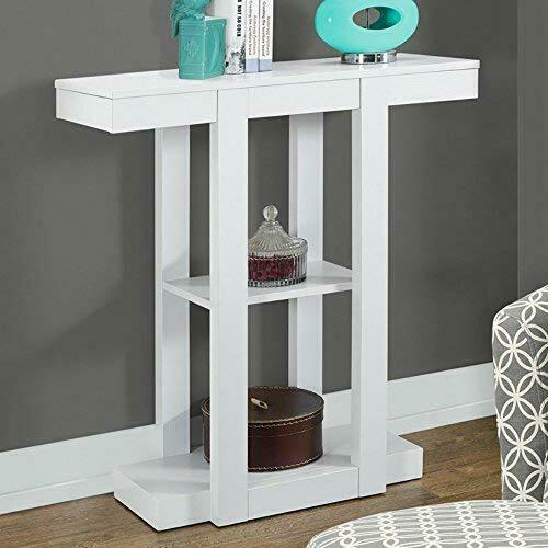 Modern White Hall Console Accent Straight Line Table with 2 Shelves