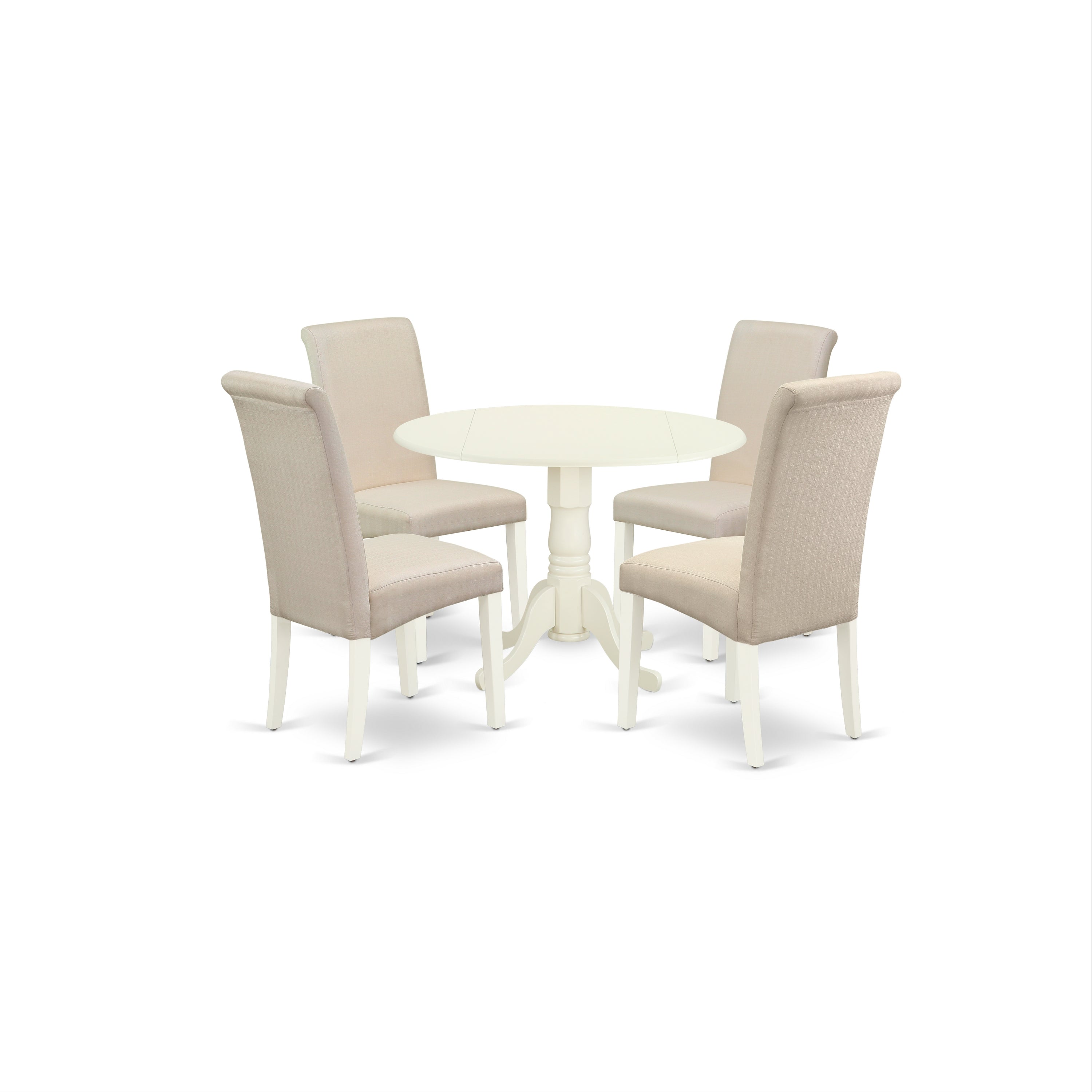 DLBA5-WHI-01 5Pc Dining Set Includes a Small Round Dinette Table with Drop Leaves and Four Parson Chairs with Cream Fabric, White Finish