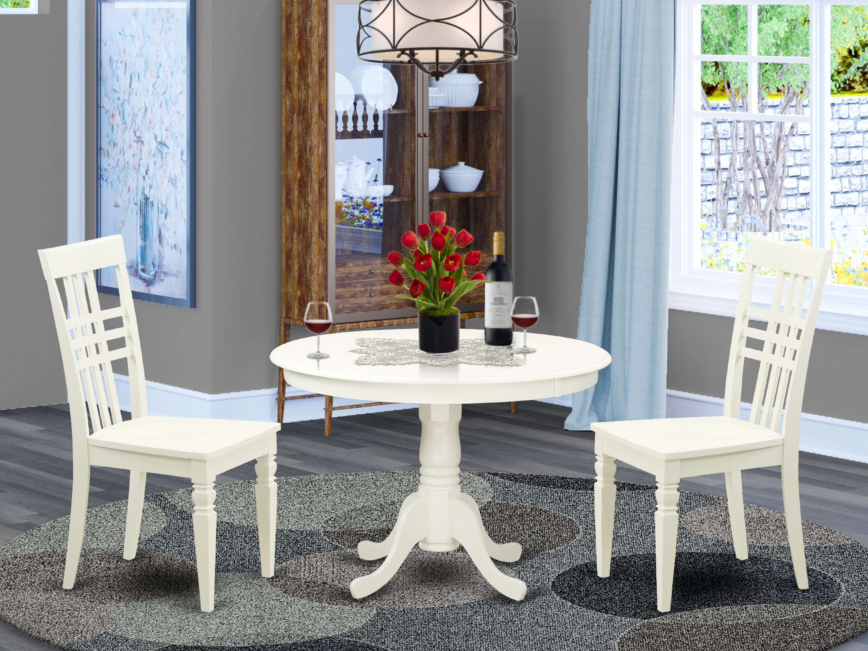 HLLG3-LWH-W 3 Pc set with a Round Small Table and 2 Wood Dinette Chairs in Linen White