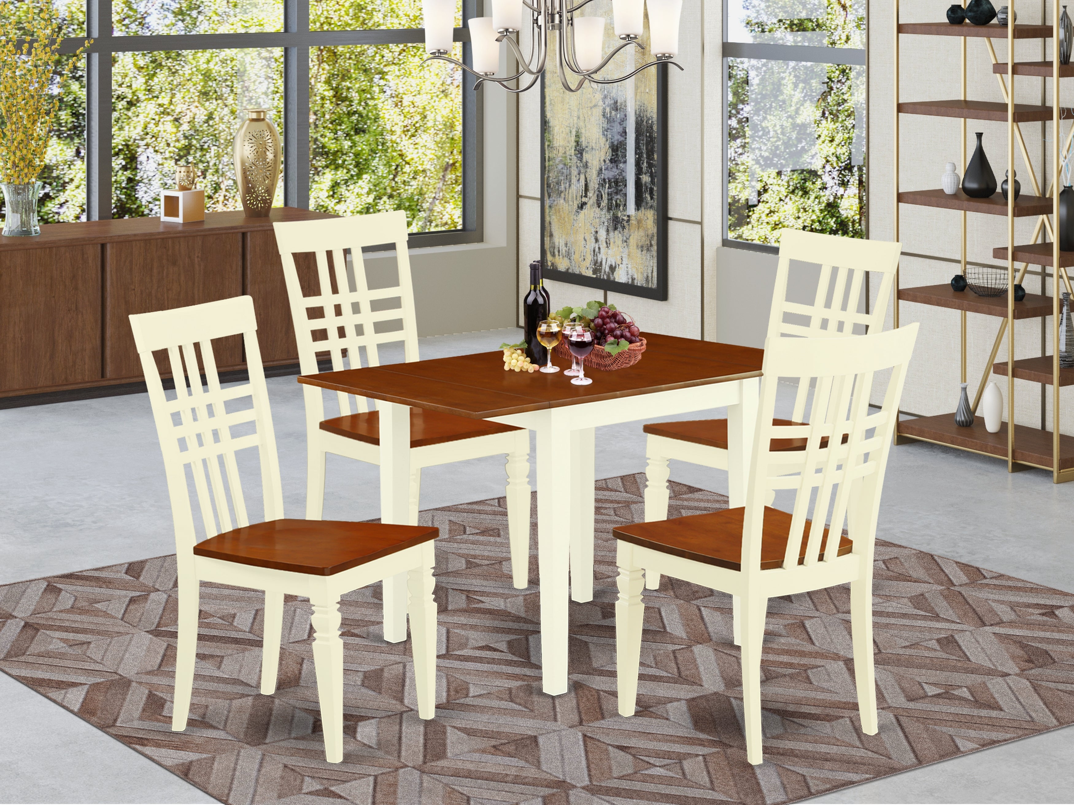 East West Furniture NDLG5-WHI-W 5Pc Modern Dining Table Set Features a Dining Room Table and 4 Dining Room Chair with Solid Wood Seat and Panel Back, Buttermilk and Cherry Finish